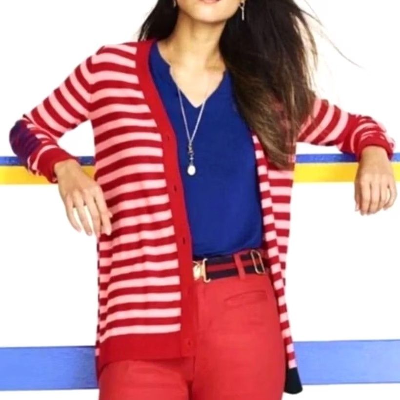 Vintage Cabi Striped Cardigan Sweater Women’s Red Pink Cotton Sz M Pocket 5446 Size M / US 6-8 / IT 42-44 - 3 Thumbnail