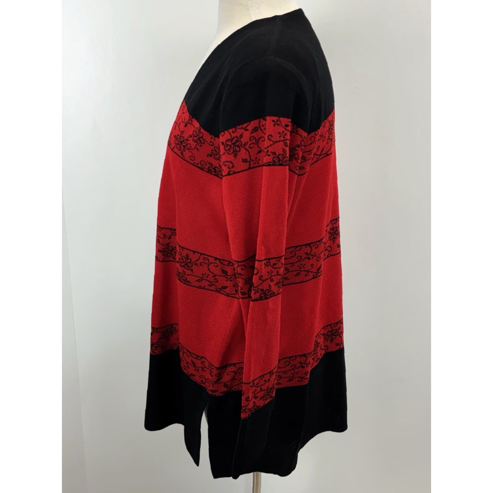 Vintage Exclusively Misook Cardigan Sweatshirt Women’s XL Red Black Floral Open Front Knit Sweater Size XL / US 12-14 / IT 48-50 - 2 Thumbnail