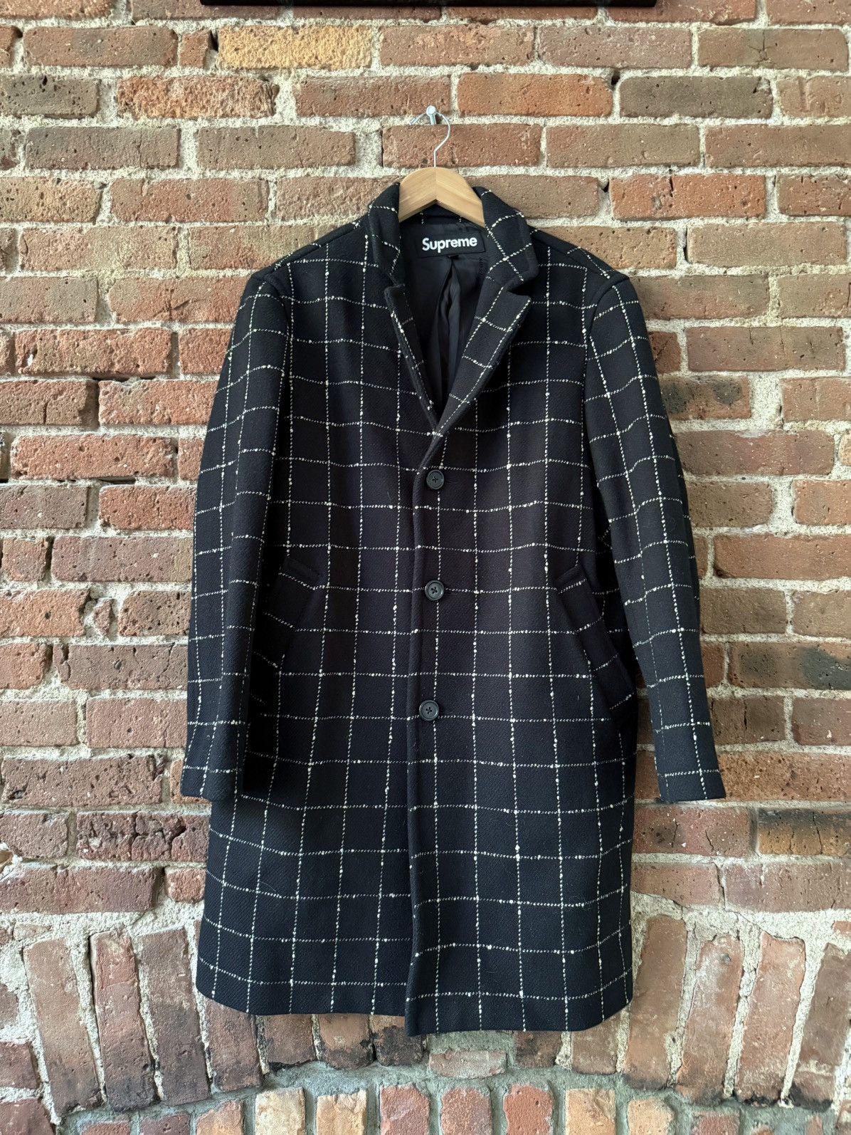 Supreme　Wool Windowpane Overcoat　BLACK Supreme Wool Windowpane Overcoat (FW19) - $568