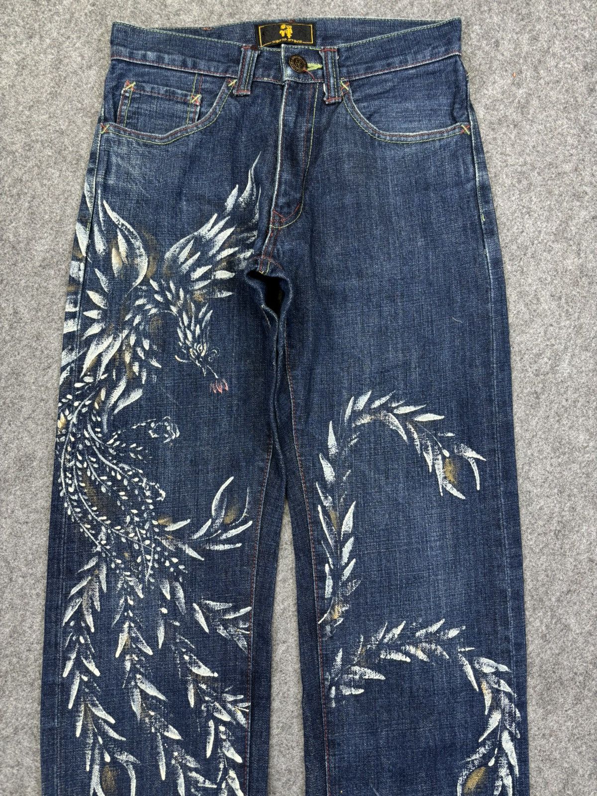 Japanese Brand 💥Artisanal💥Zen Clothing Flying Pheonix Mural Denim F706 Size US 27 - 3 Thumbnail