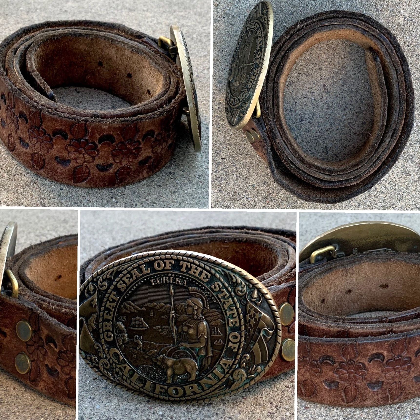 Tony Lama VINTAGE tooled leather belt Tony Lama state series California brass buckle Belt Adult Unisex Rockabilly Size ONE SIZE - 6 Thumbnail