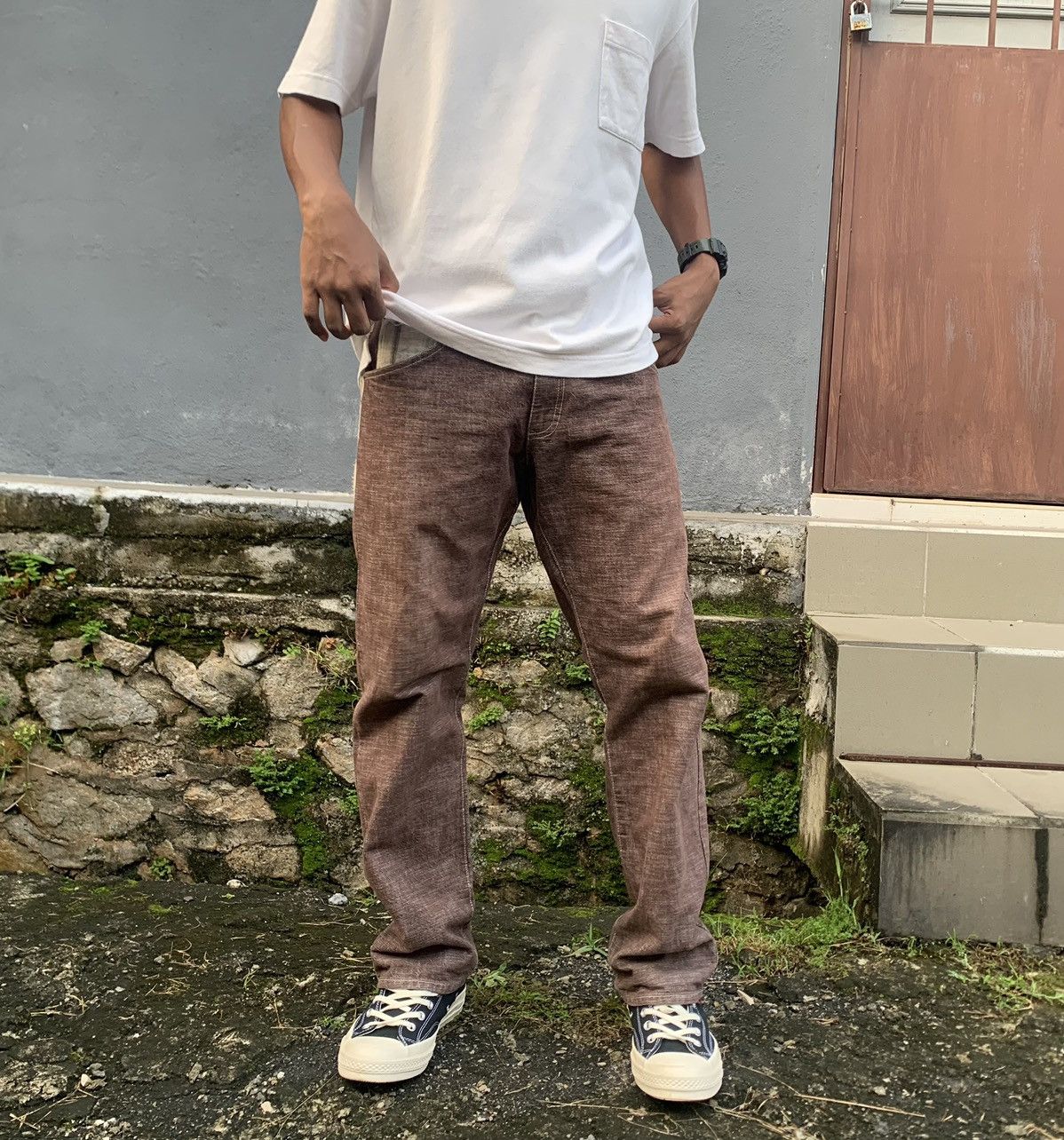 Vintage 👹VINTAGE CONCAVE DISTRESSED POCKET BROWN DENIM Size US 31 - 5 Thumbnail