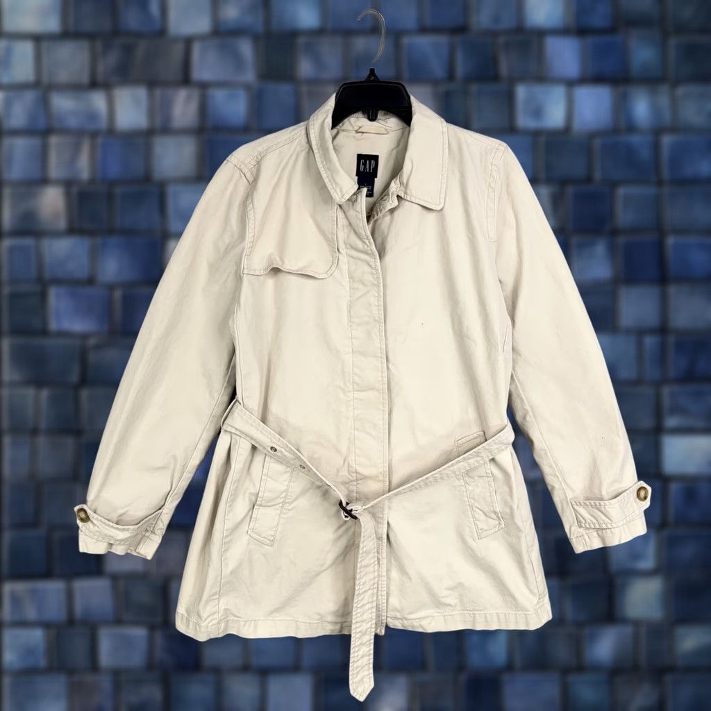 Gap Gap Trench Coat Womens Large White Cotton Mid Length Belted Button Front Pockets 100% Cotton Canvas Seasonal Fall Spring Mens Womens Size L / US 10 / IT 46 - 1 Thumbnail