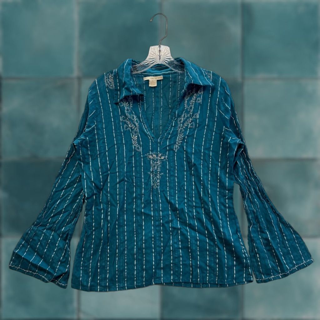 Altea Y2K Vintage Blouse Top XL Teal Blue Flared Sleeve Collared Silver Embroidery Shirt Womens XL Blue Boho Antilia Femme Size XL / US 12-14 / IT 48-50 - 1 Thumbnail