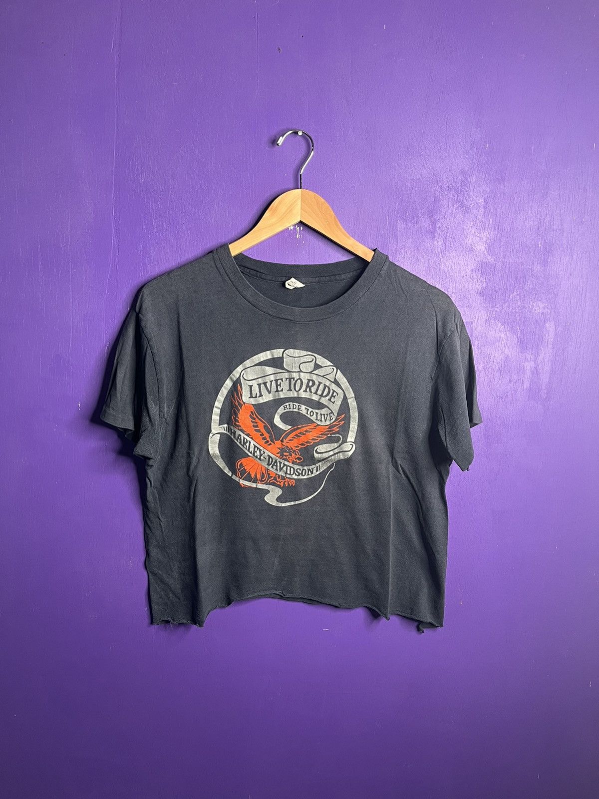 Harley Davidson × Vintage Vintage 70s Harley Davidson live to ride cropped tee Size L / US 10 / IT 46 - 1 Thumbnail