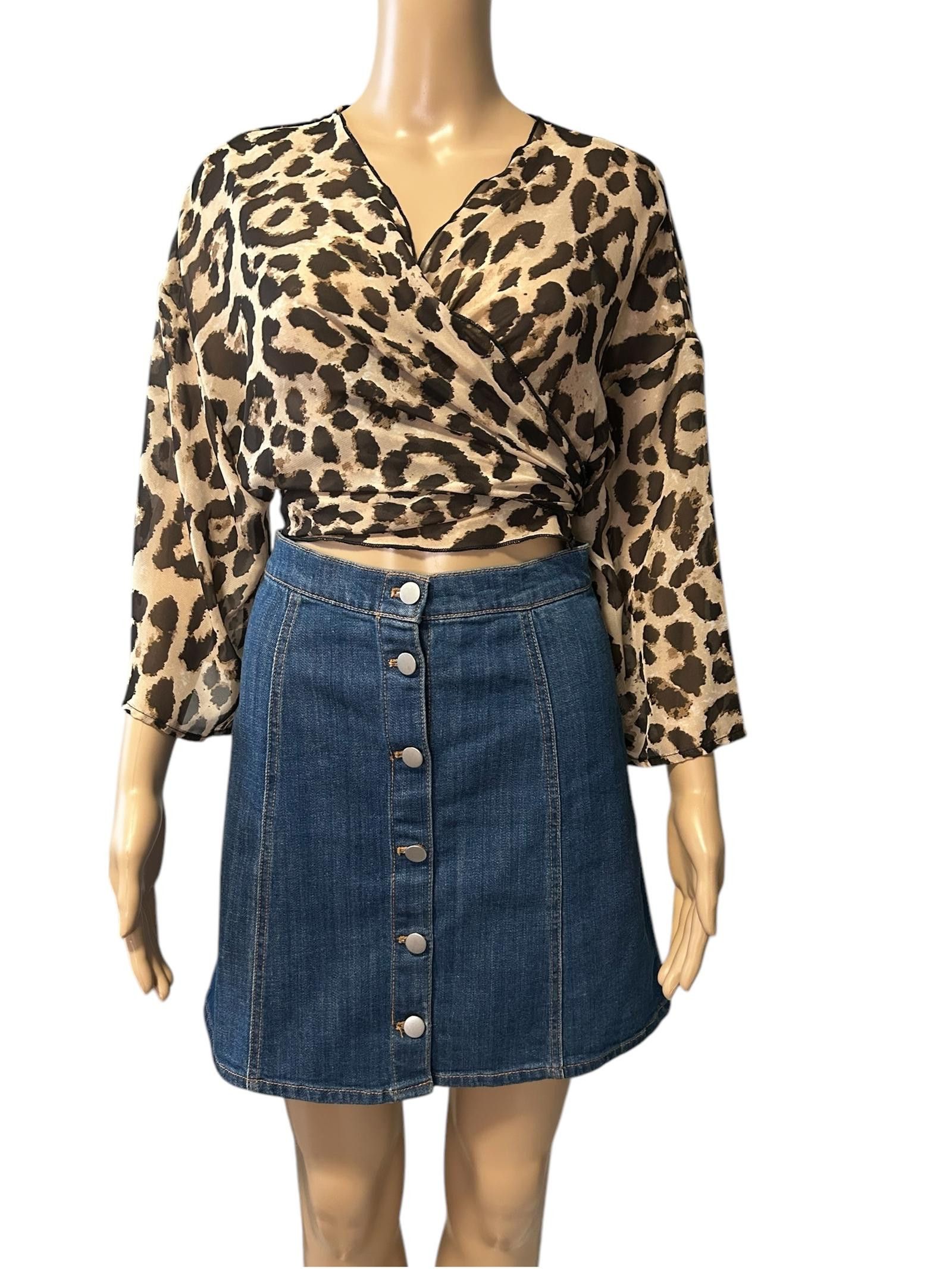 Designer Chic Leopard Wrap Top with Denim Skirt Size L / US 10 / IT 46 - 1 Thumbnail