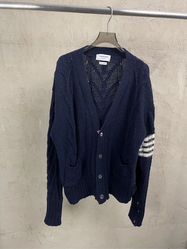 Thom Browne Thom browne Dark blue four-striped thick wool cardigan jac Size US XL / EU 56 / 4 - 1 Thumbnail