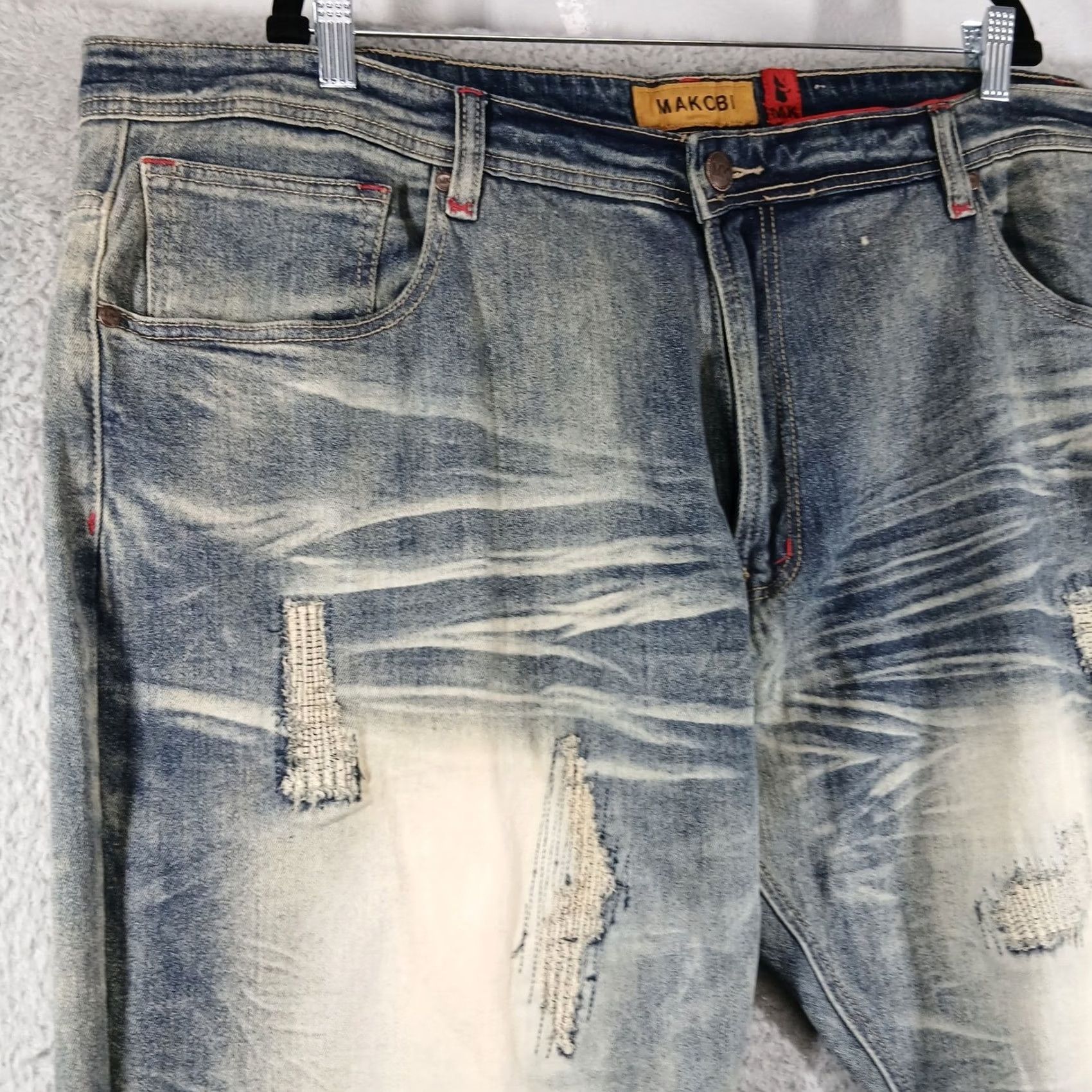 Vintage Makobi Distressed Moto Jeans Bleach Splatter Patch 48x32 Blue Mens Jeans Straight 48x32 Size US 32 / EU 48 - 6 Thumbnail