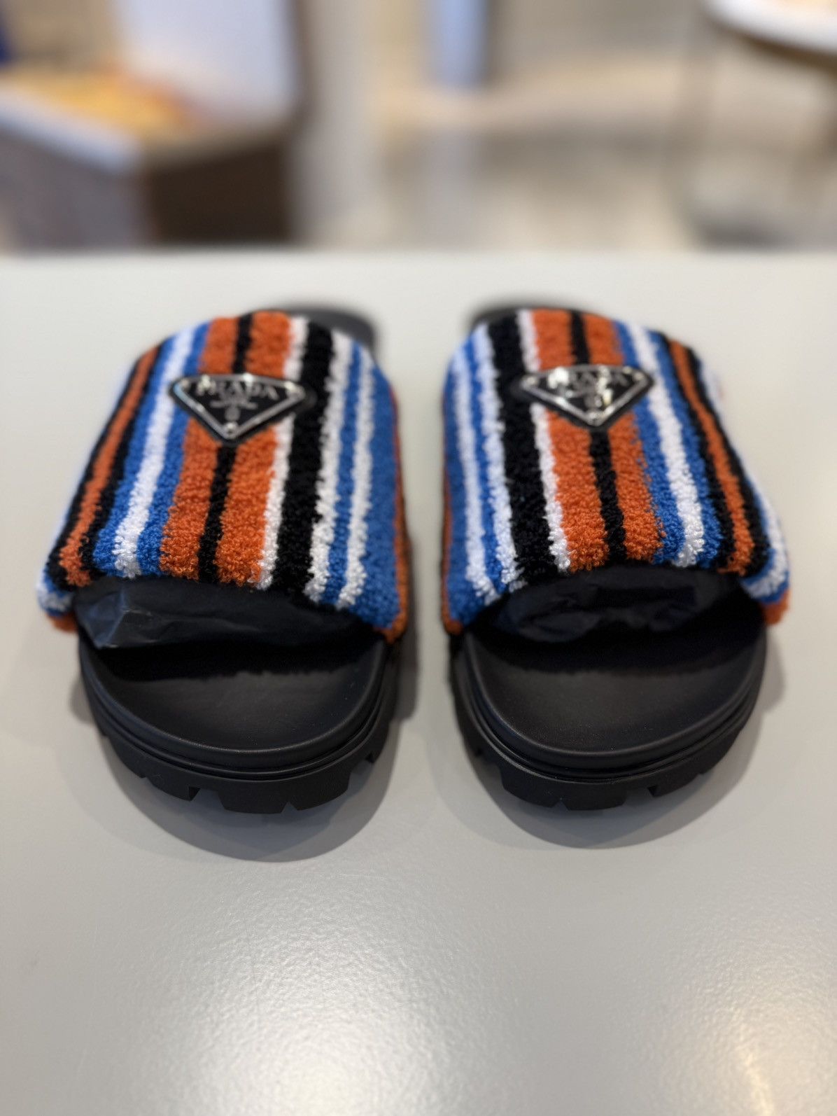 Prada Triangle Logo Terry Cloth Slides Orange
