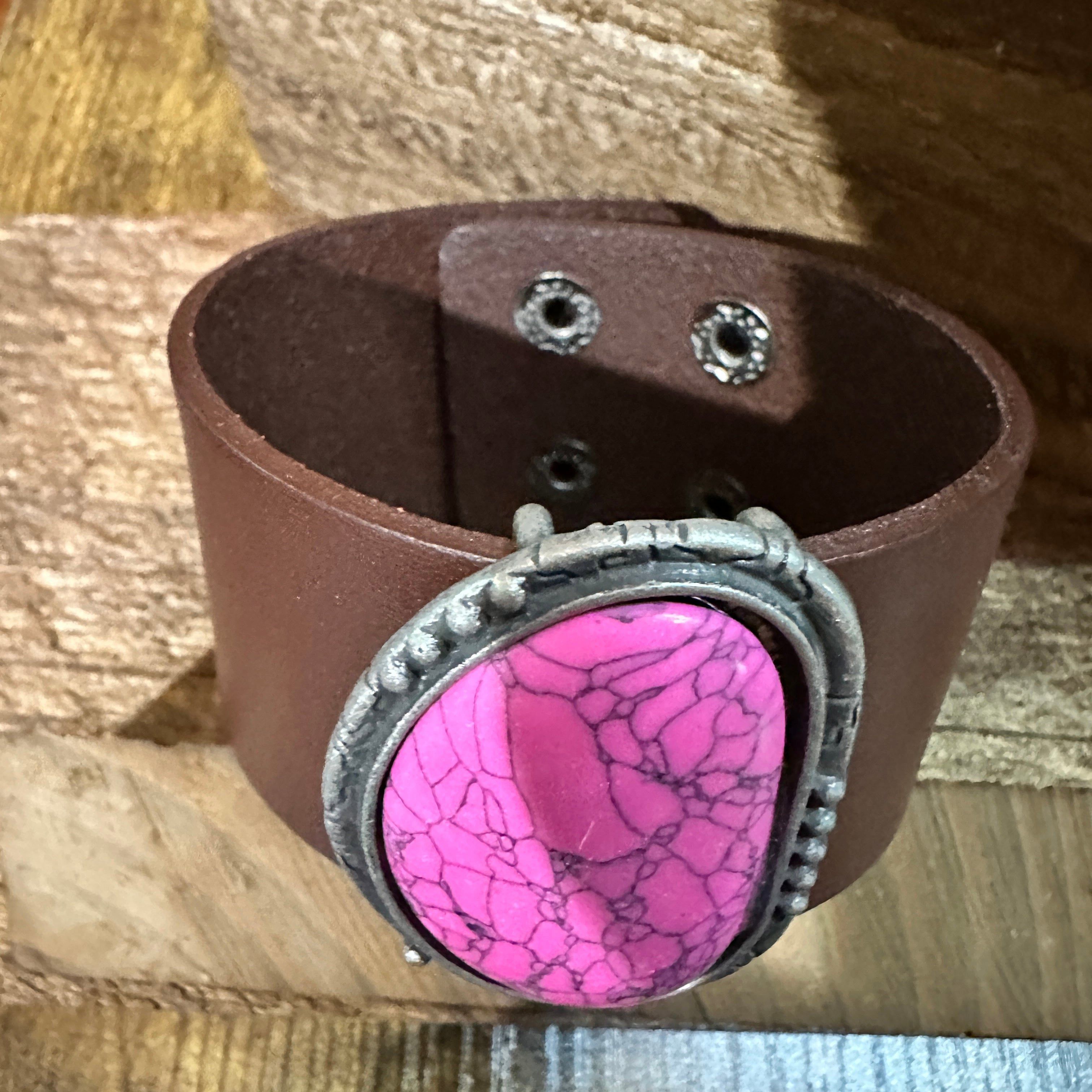 Other Hot Pink Stone and Dark Brown Leather Cuff Bracelet Size ONE SIZE - 6 Thumbnail