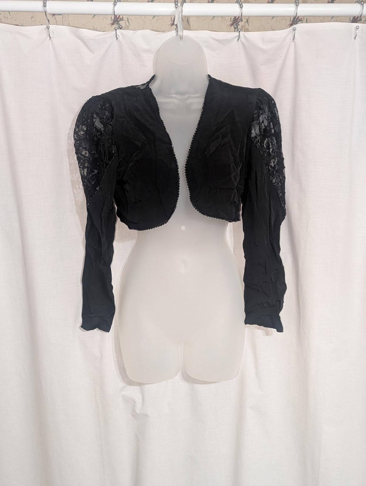 Designer Vtg 80s Victorian Black Lace Sleeve Cropped Bolero Jacket XS Size XS / US 0-2 / IT 36-38 - 1 Thumbnail