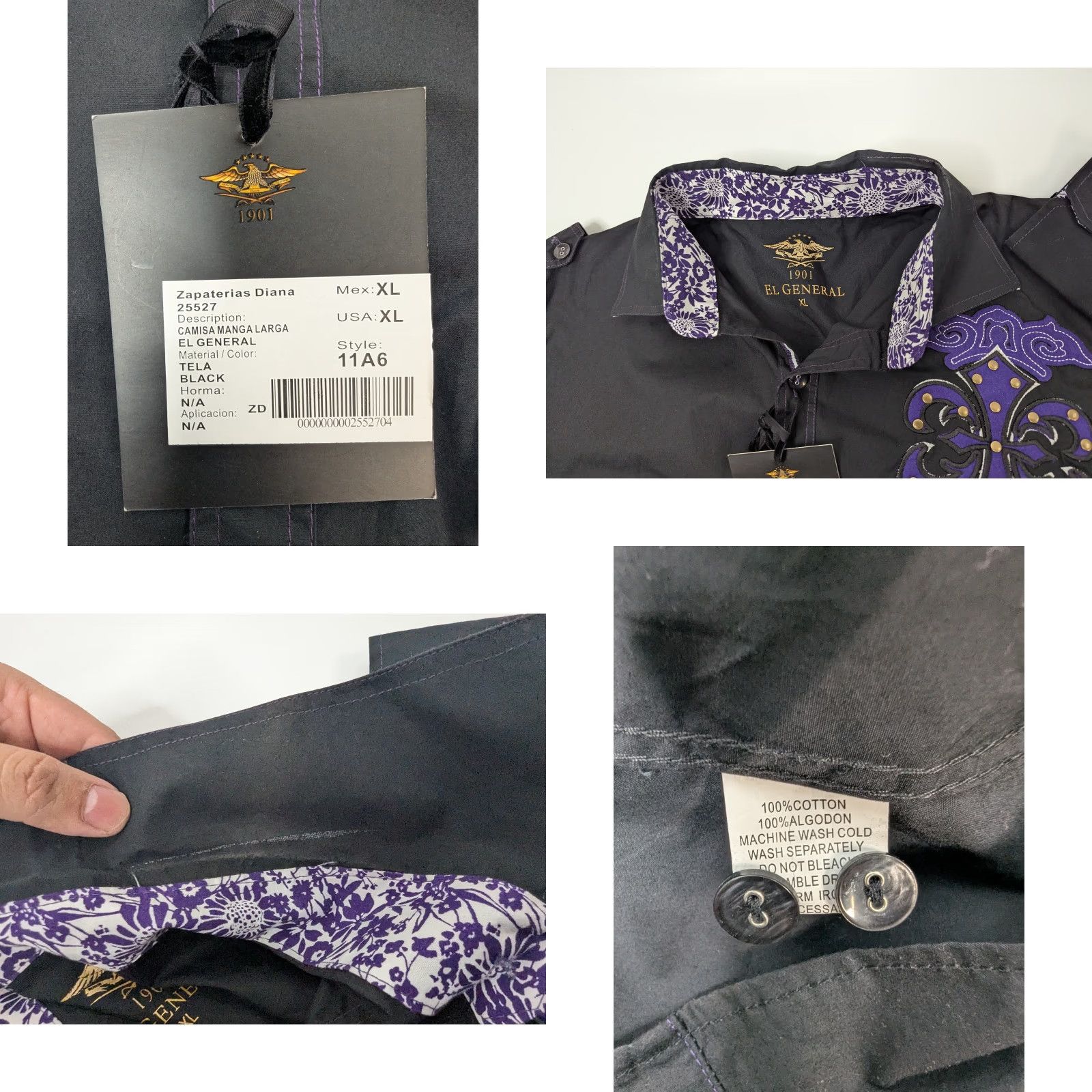 Vintage El General Shirt Button Long Sleeve XL Black Purple Rock n' Roll Mens Shirt Size US XL / EU 56 / 4 - 8 Thumbnail