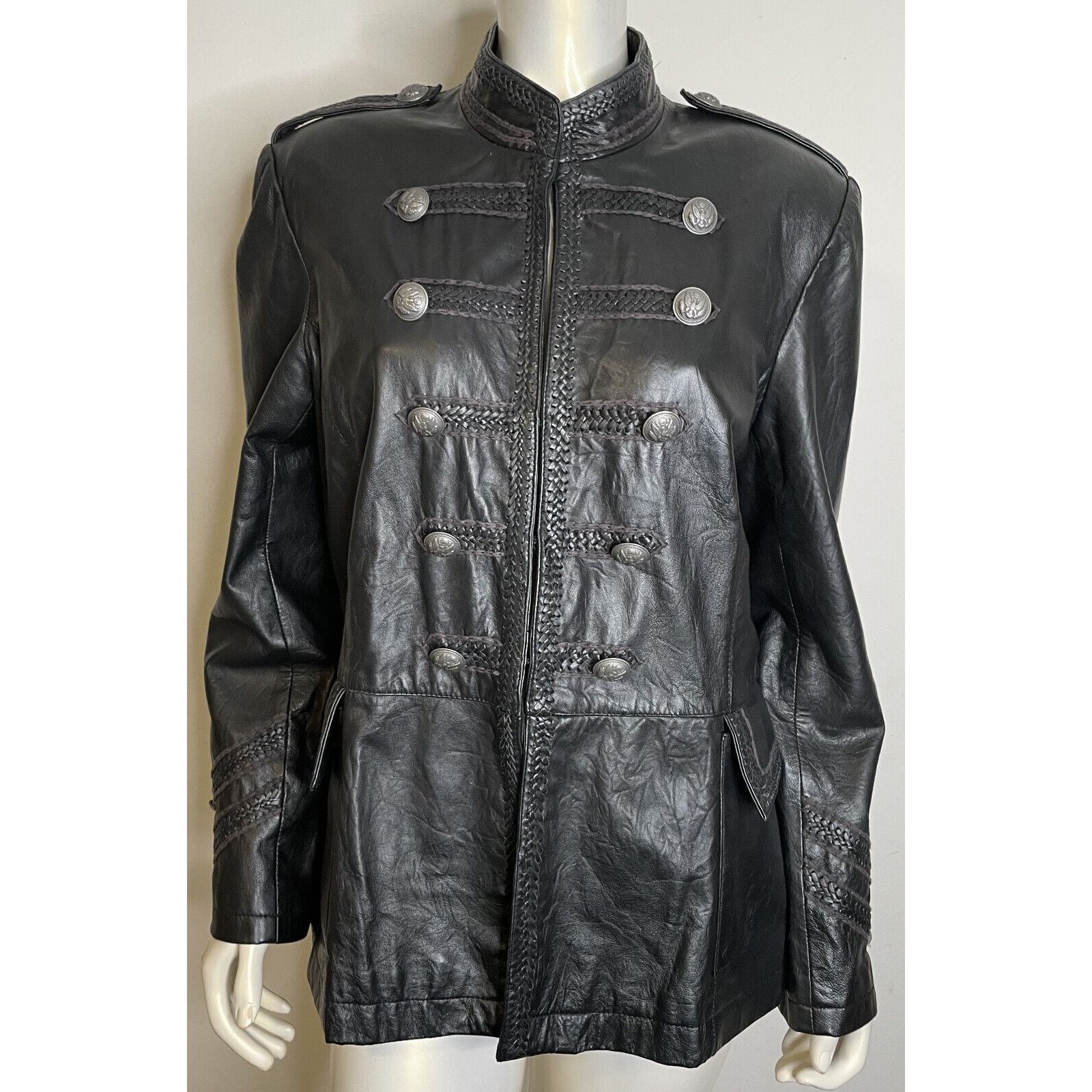 Double D Ranch Double D Ranch Black Leather Military Jacket L Pockets Size L / US 10 / IT 46 - 1 Thumbnail