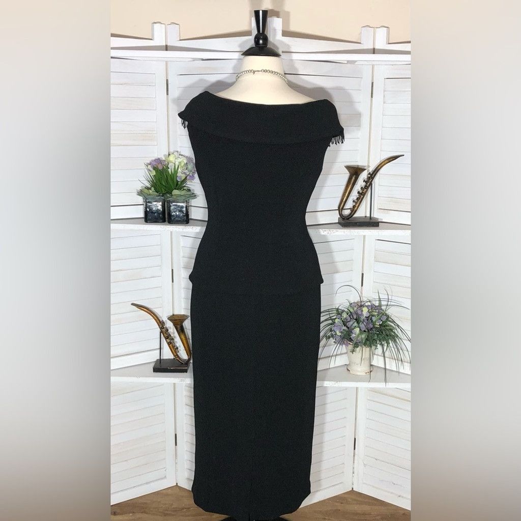Vintage 90s dress black cocktail Audrey Hepburn style pencil midi XL Size XL / US 12-14 / IT 48-50 - 2 Thumbnail