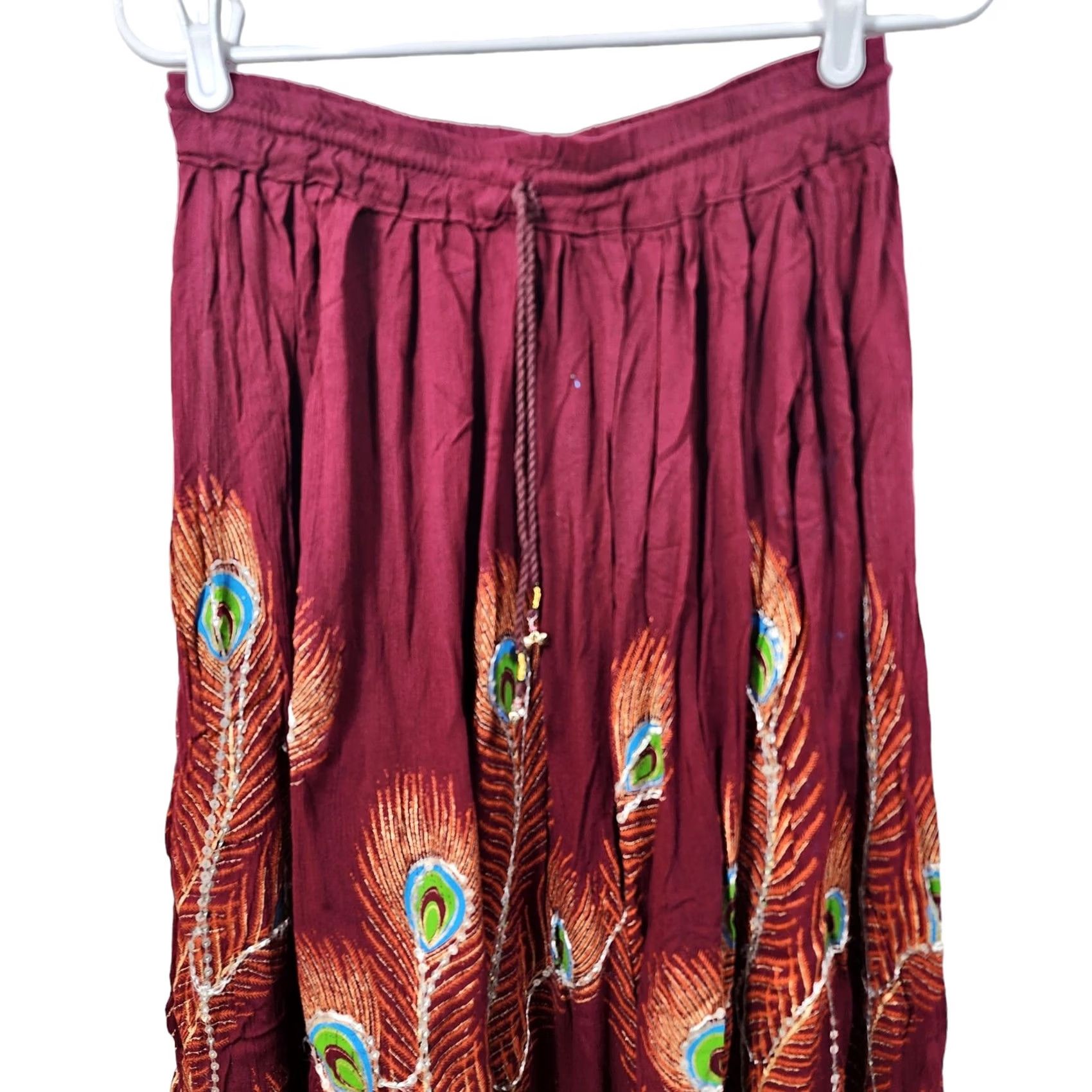Vintage Boho Broomstick Maxi Skirt Womens M Painted Sequins Peacock Pull On India Size 32" / US 10 / IT 46 - 6 Thumbnail