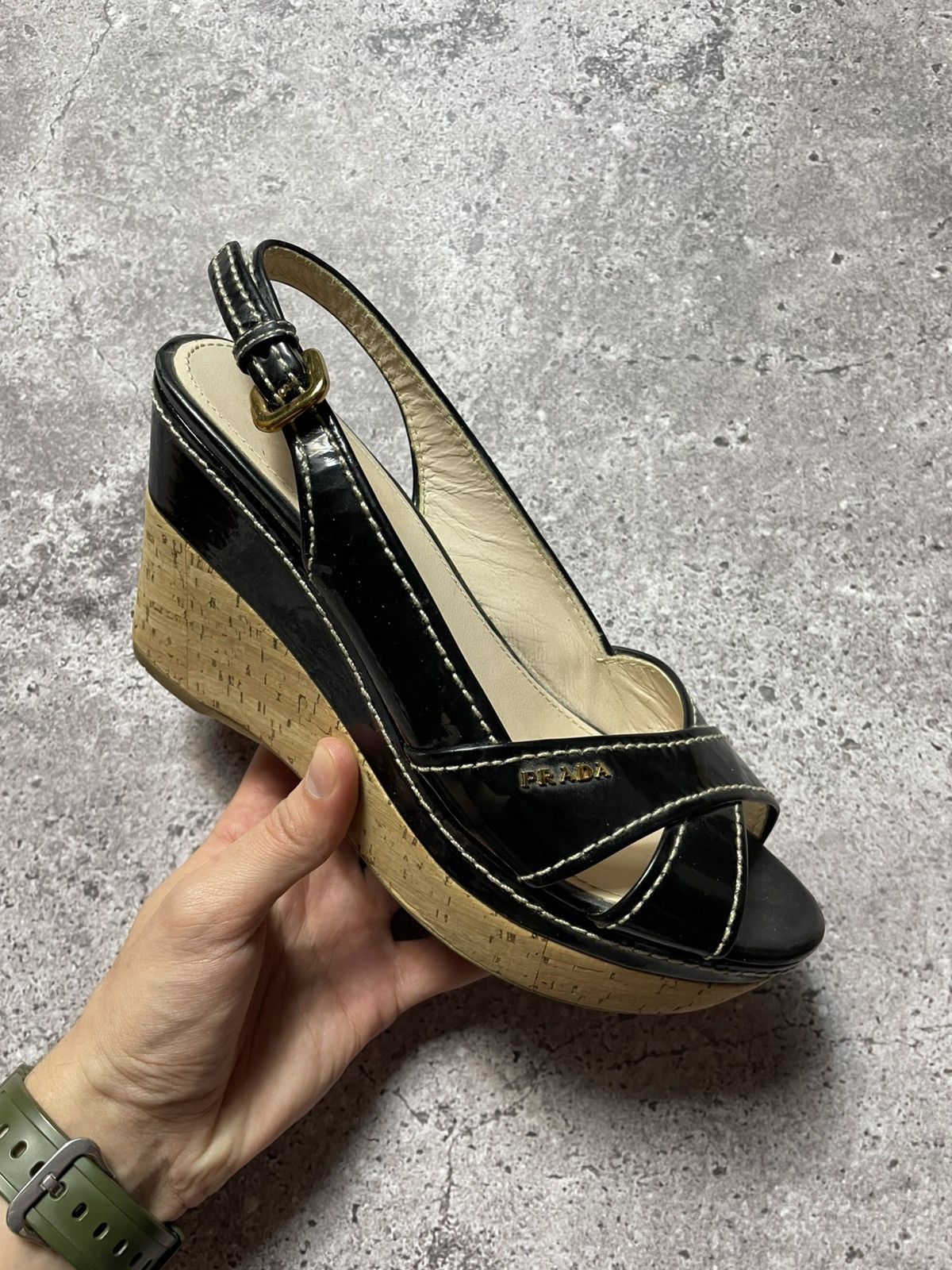 Prada PRADA Patent leather wedge sole cork black women's size 37 Size US 7 / IT 37 - 2 Thumbnail