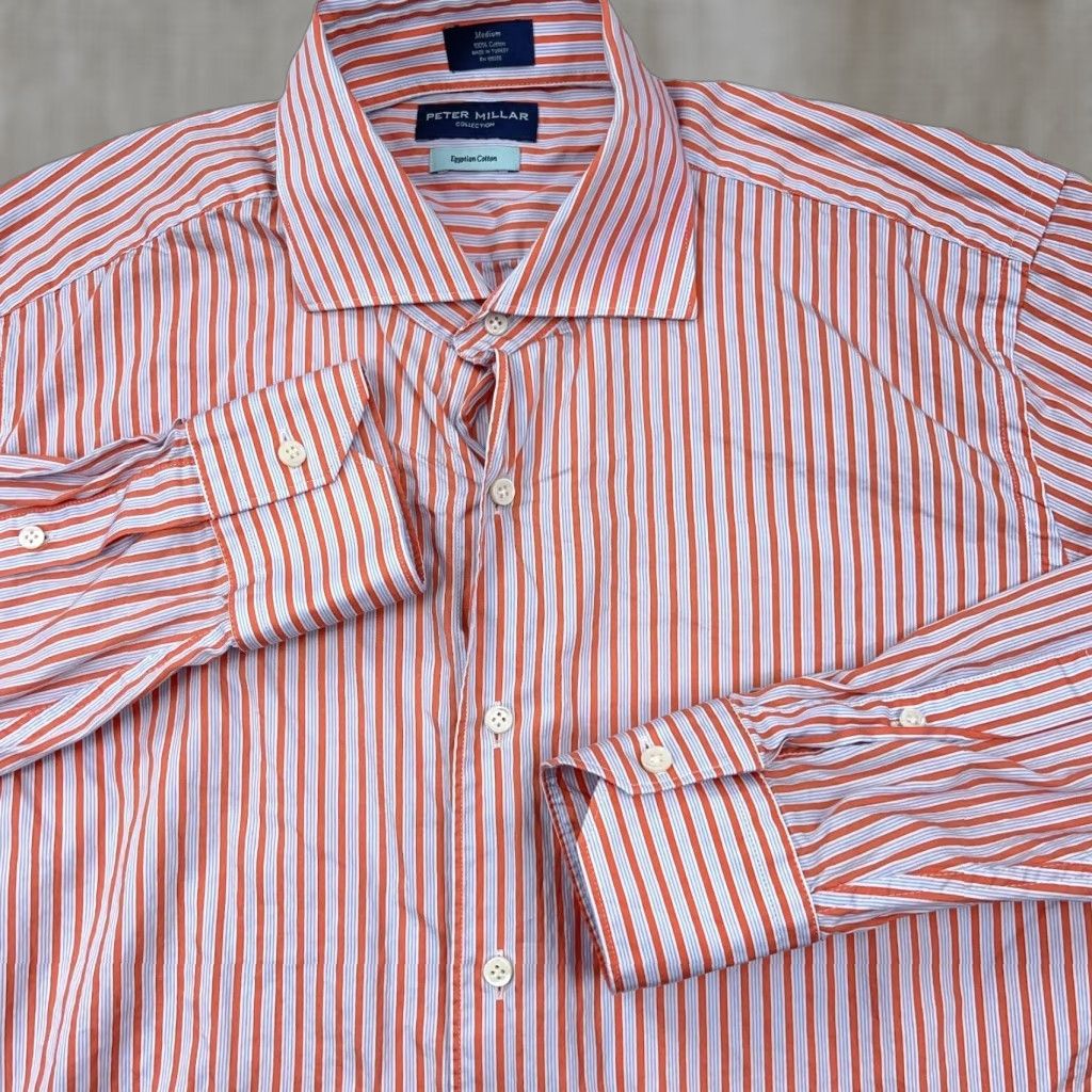 Peter Millar Peter Millar Shirt Men Medium Orange Striped Button-Up Dress Egyptian Cotton Size 40R - 1 Thumbnail