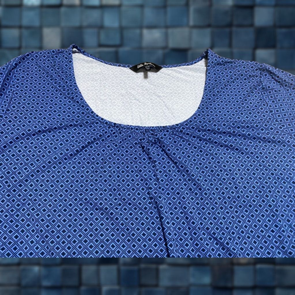 Vintage Ulla Popken Blouse Geometric Square Neck Blue Short Sleeve Womens Size 28 Plus Viscose Size 4XL / US 24-26 - 1 Thumbnail