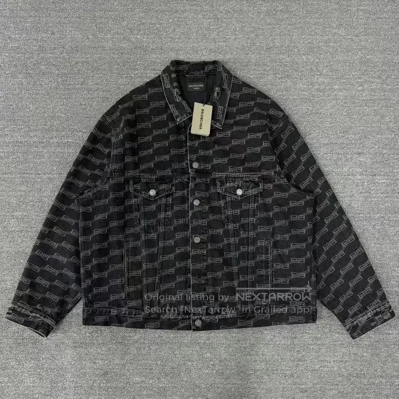 Balenciaga Black Double B Buckle Full Print Denim Jacket