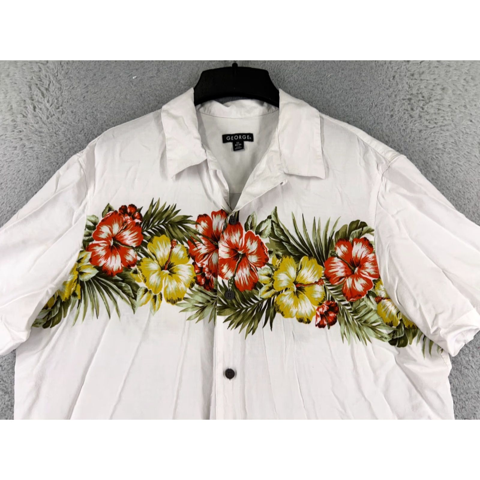 George George Shirt Adult Large White Floral Palm Island Print Button Up Hawaiian Rayon Size US L / EU 52-54 / 3 - 4 Thumbnail