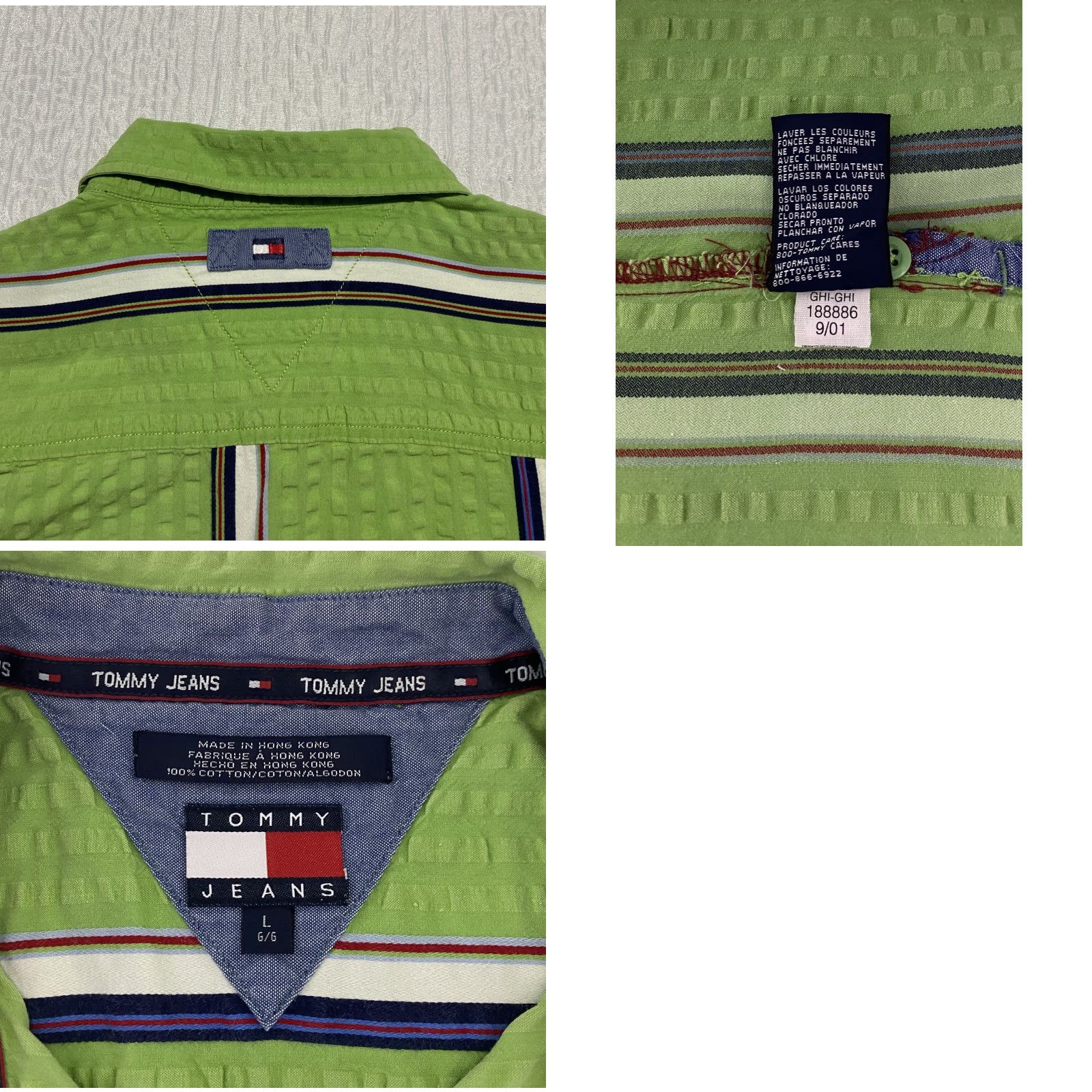 Vintage VINTAGE Tommy Jeans Shirt Mens L Green Striped Seersucker Short Sleeve Lion Crest H Size US L / EU 52-54 / 3 - 8 Thumbnail