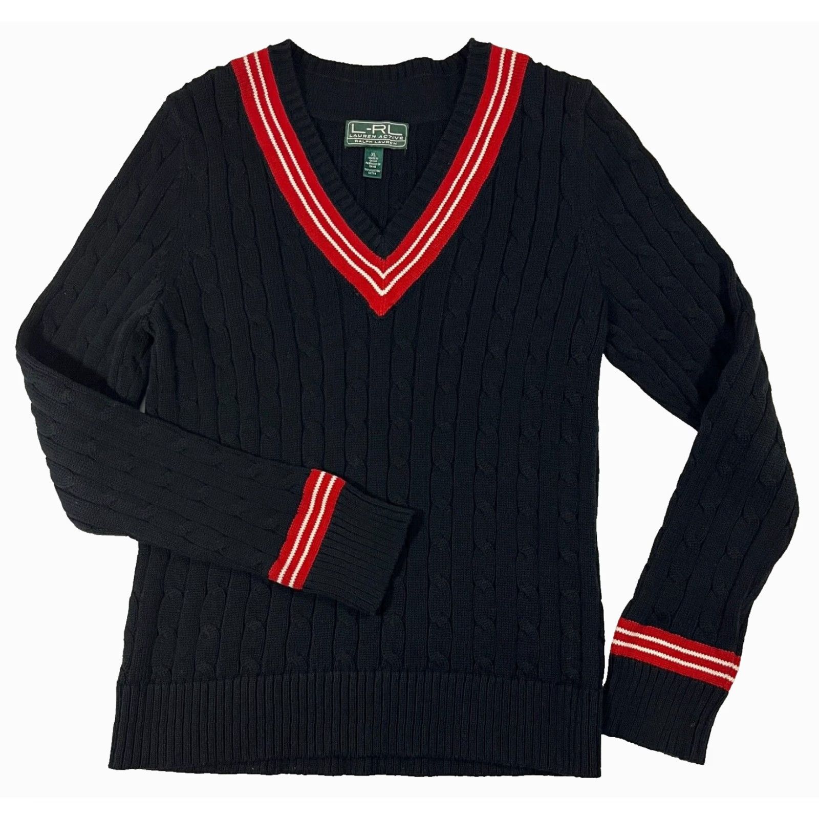 Ralph Lauren VINTAGE Lauren Ralph Lauren Women's Cable Knit V-Neck Cricket Sweater XL Black Pullover Knit Classic, Preppy Mens? Women? (adjust) Size XL / US 12-14 / IT 48-50 - 2 Thumbnail