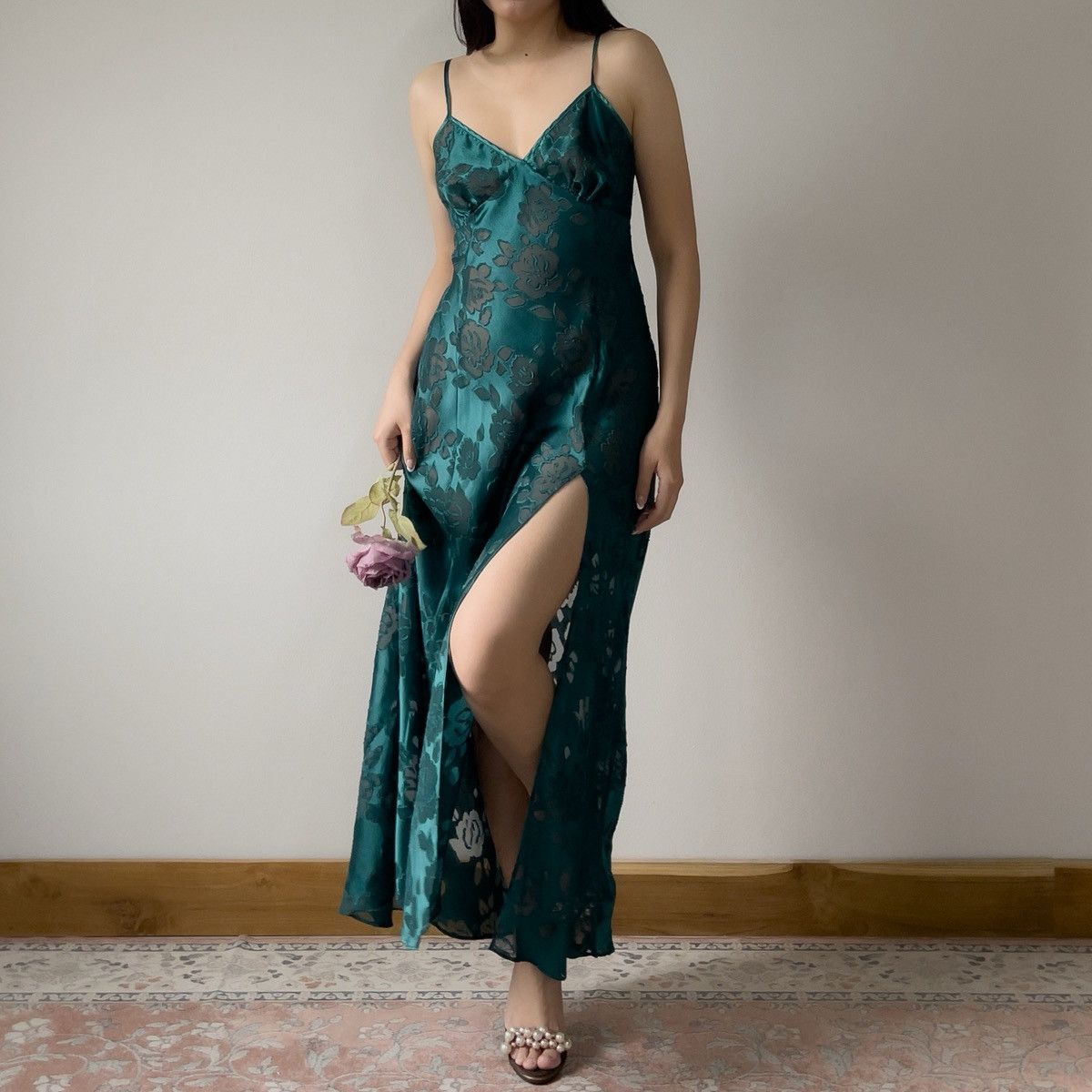 Victoria's Secret Victoria’s Secret 1990s Green Floral Burnout Slip Dress (L) Size L / US 10 / IT 46 - 6 Thumbnail
