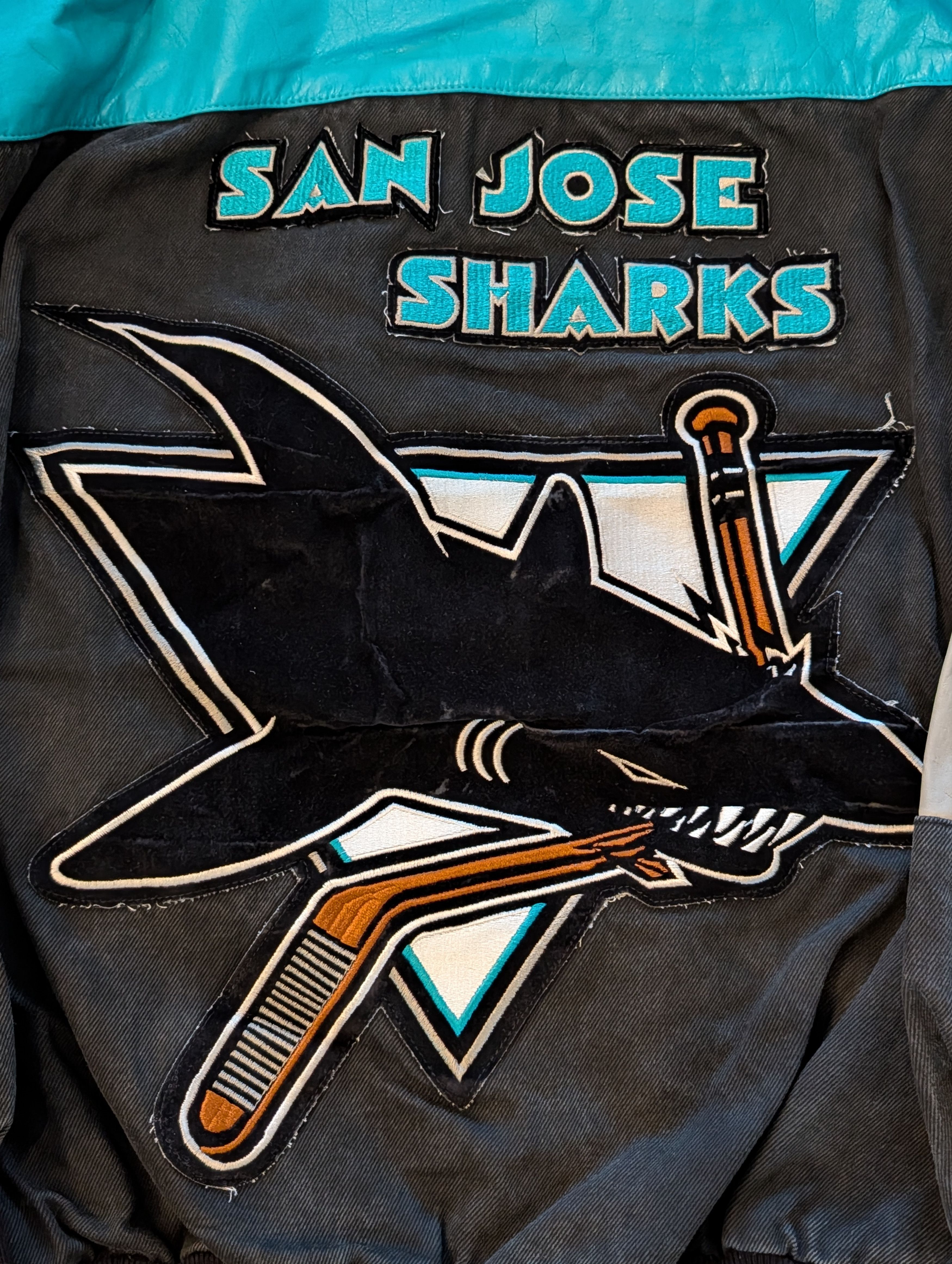NHL Vtg San Jose Sharks Jeff Hamilton Denim Leather NHL Jacket Size US XL / EU 56 / 4 - 2 Thumbnail