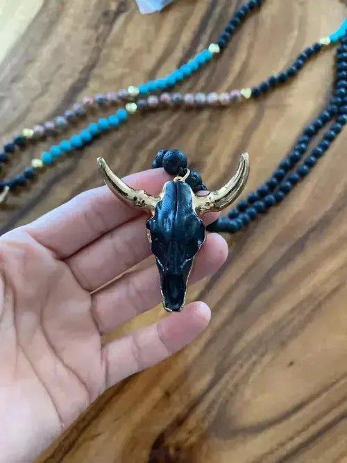 Jewelry Black Bull Head Bohemian Long Knotted Stone Bead Necklace Size ONE SIZE - 3 Thumbnail