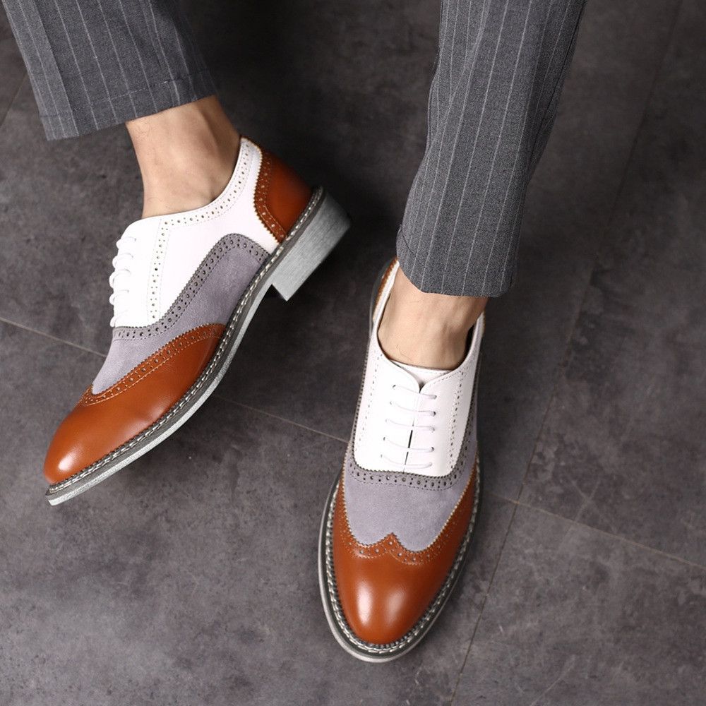 image of Ivy Club Ellington Oxford Leather Suede Shoes in White Brown Grey, Men's (Size 10)