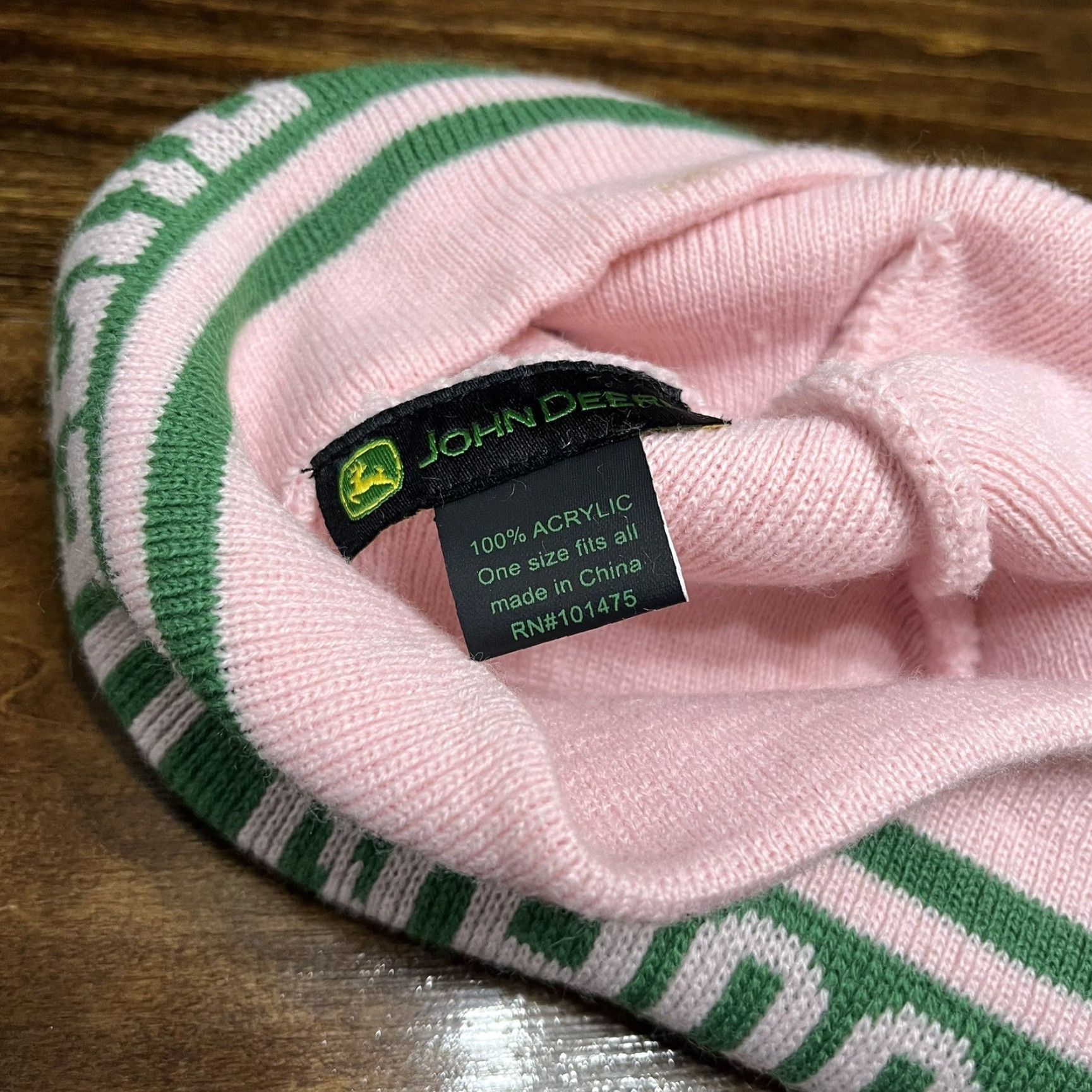 John Deere John Deere Knit Beanie Women's Winter Hat Cap Pink Green Acrylic Knit Striped Logo Adjustable Lightweight Stretch Beanie Fall Winter Womens Size ONE SIZE - 4 Thumbnail