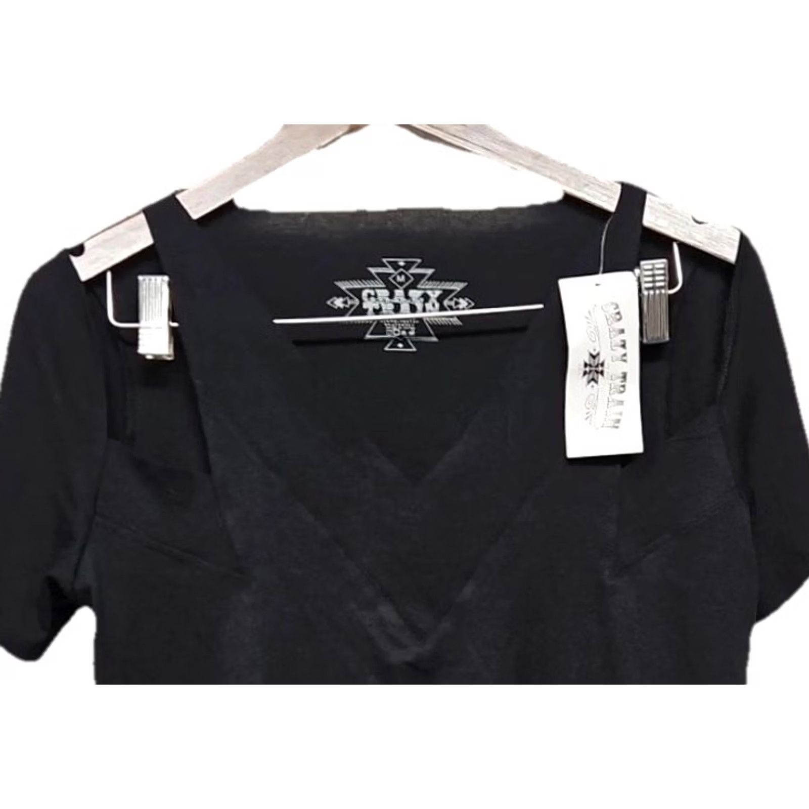 Vintage Crazy Train Womens V Neck Tee Black Western Aztec Graphic Short Sleeve Medium Size M / US 6-8 / IT 42-44 - 2 Thumbnail