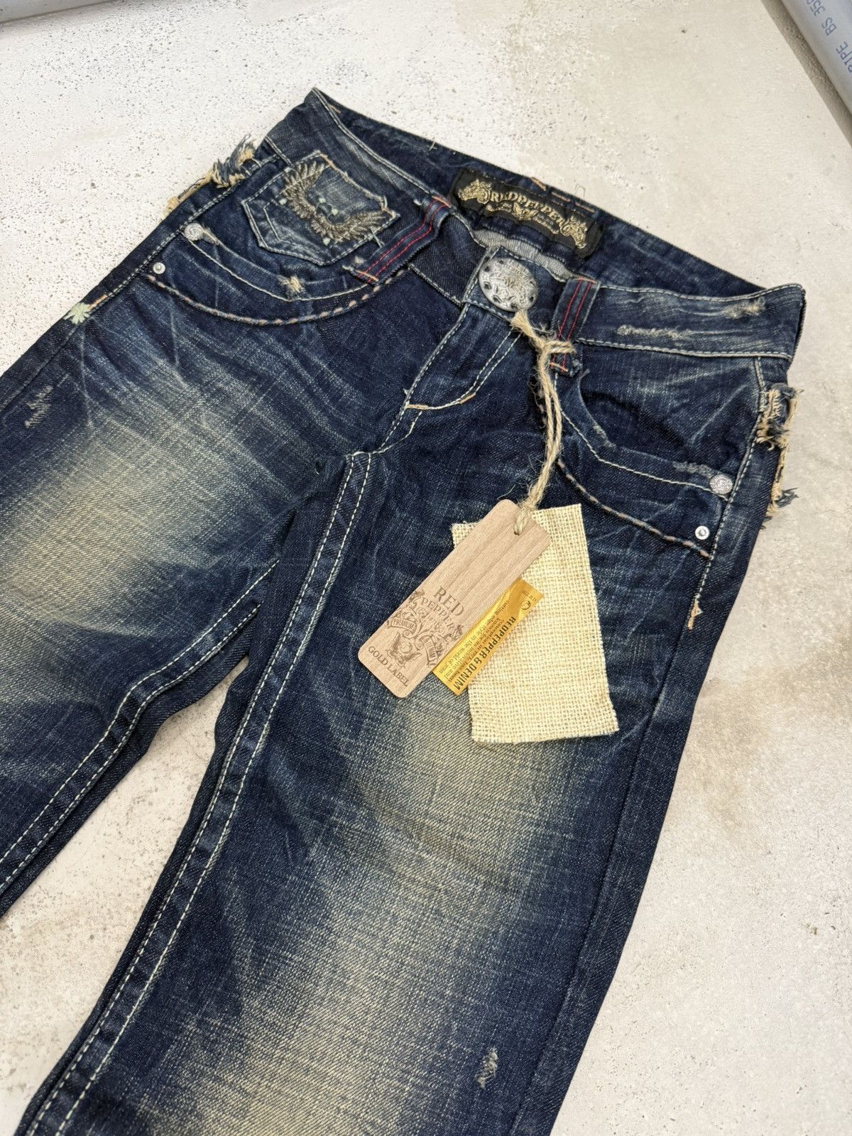 Hysteric Glamour × Japanese Brand Red Pepper Feather Wings Embroidered Lowrise Mud Flare Jeans Size US 27 - 11 Thumbnail