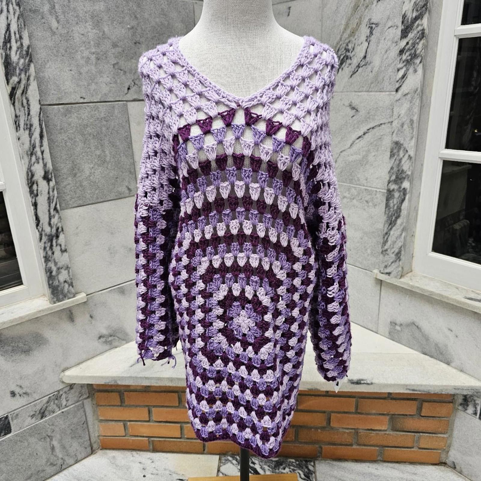 Other Women's Purple Handmade Crochet Sweater Dress Size ONE SIZE - 4 Thumbnail