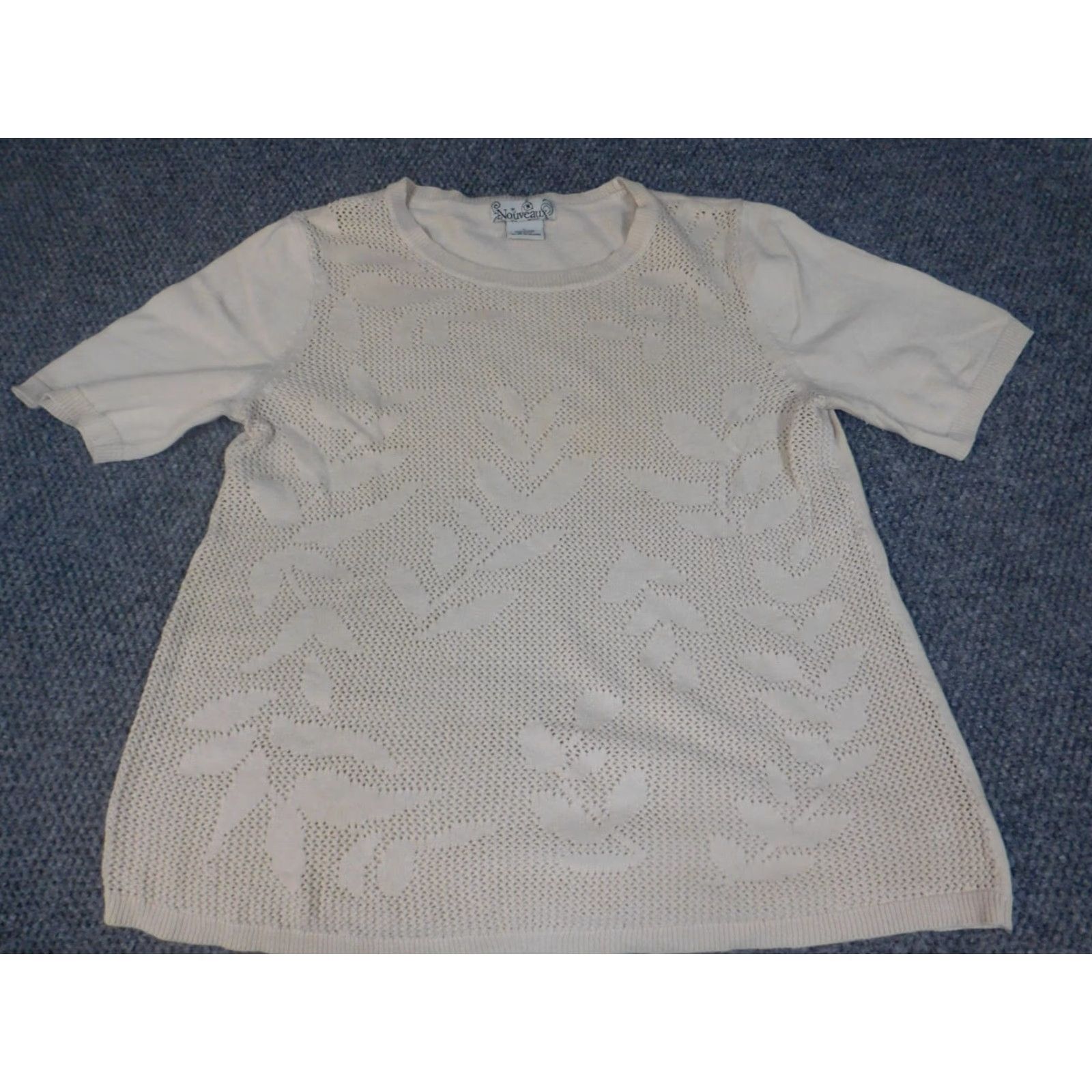 Vintage Nouveaux Womens Sweater L Beige Floral Knit Crew Neck Pullover Short Sleeve Cotton Lightweight Stretch Regular Womens Size L Size L / US 10 / IT 46 - 2 Thumbnail
