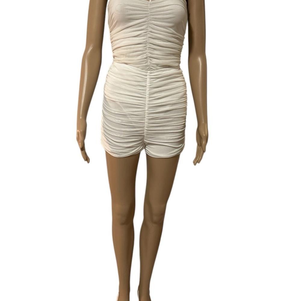 Designer Women's Cream Ruched Bodysuit Size ONE SIZE - 5 Thumbnail