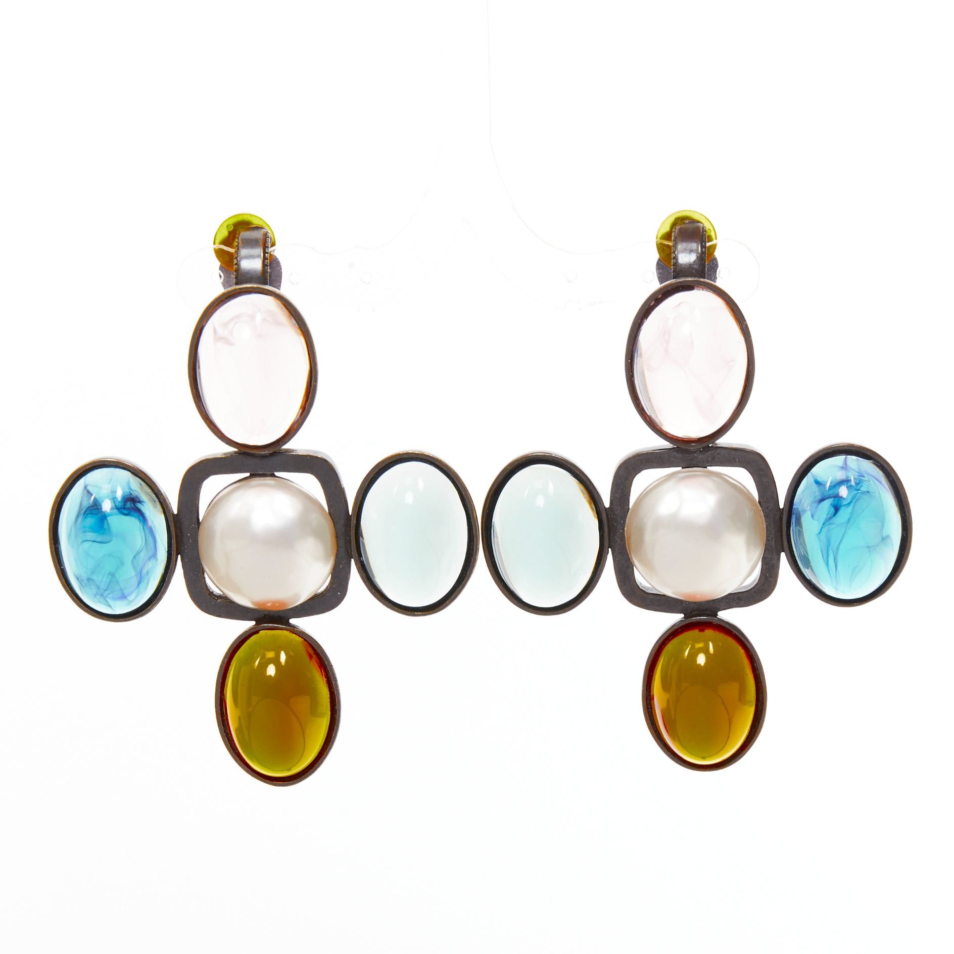 Saint Laurent Paris rare SAINT LAURENT Runway Resin Cabochon Cross aged bronze clip earrings Pair Size ONE SIZE - 1 Thumbnail