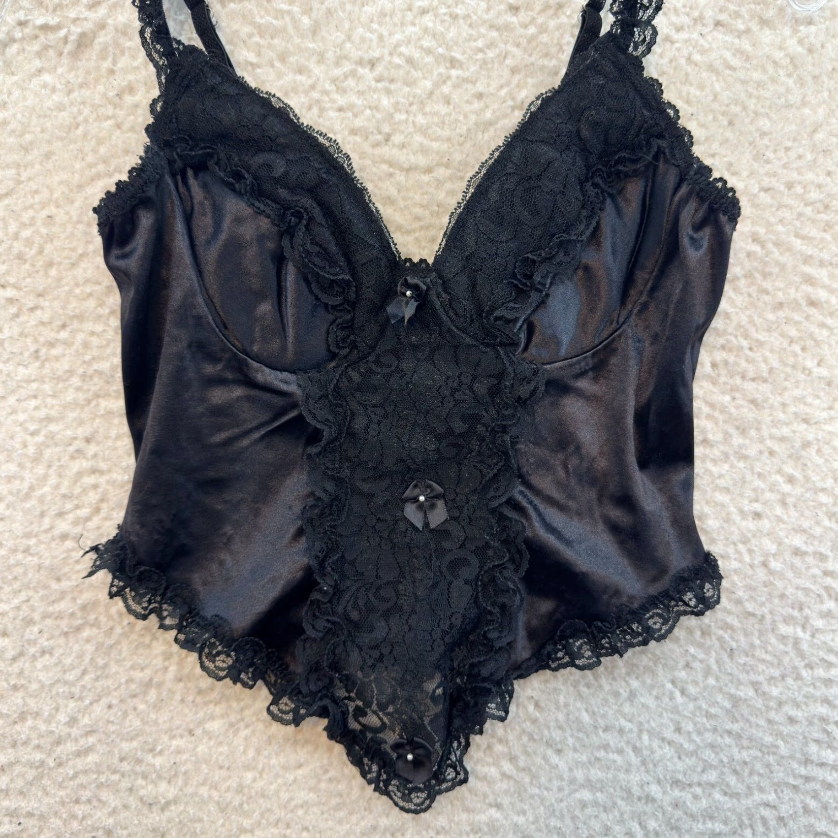 Vintage VINTAGE 90s Camisole Lingerie Top Black Satin Lace Coquette Victorian Femmes M Size M / US 6-8 / IT 42-44 - 2 Thumbnail