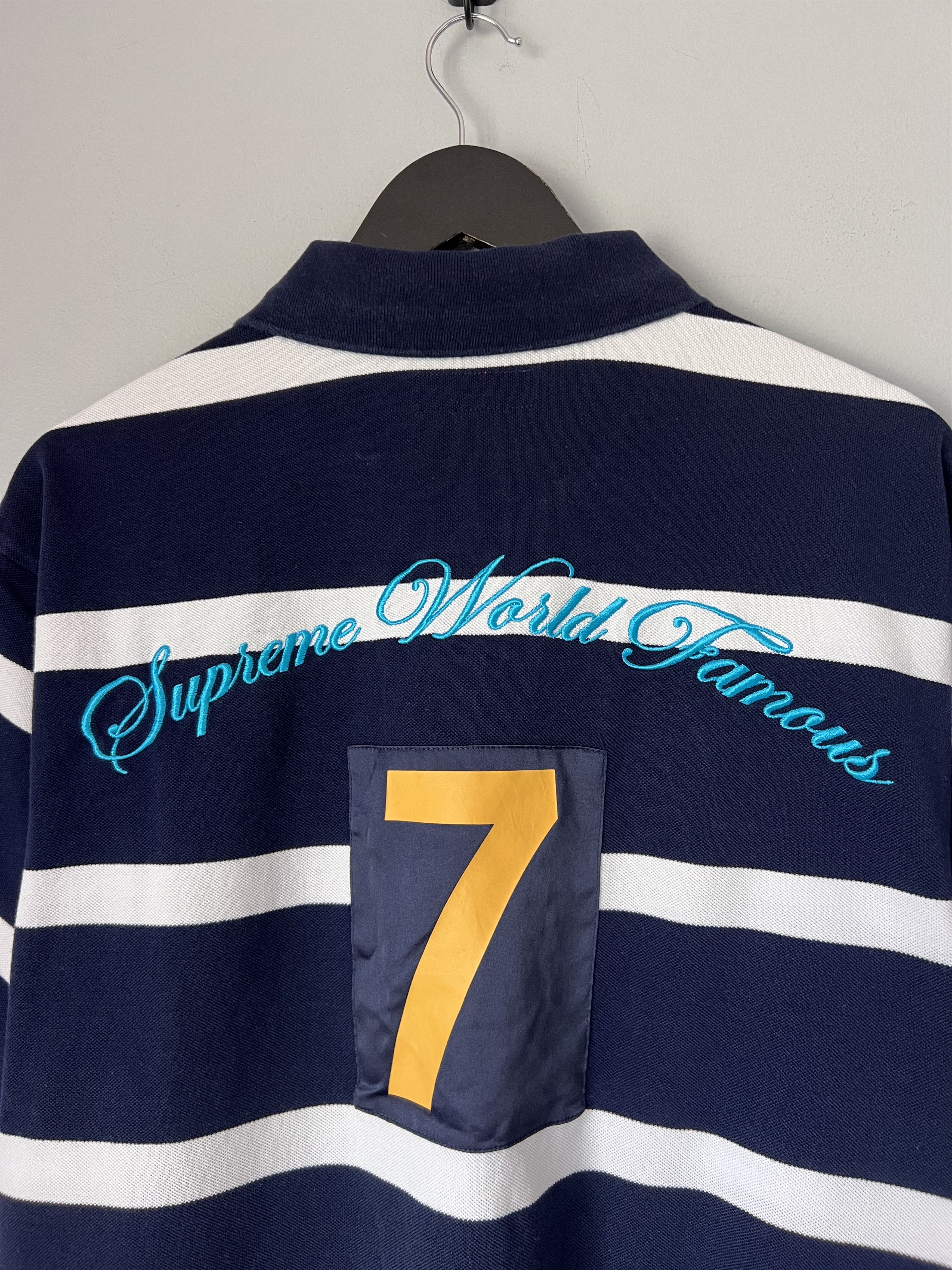 Supreme Cursive Polo in Navy Stripe