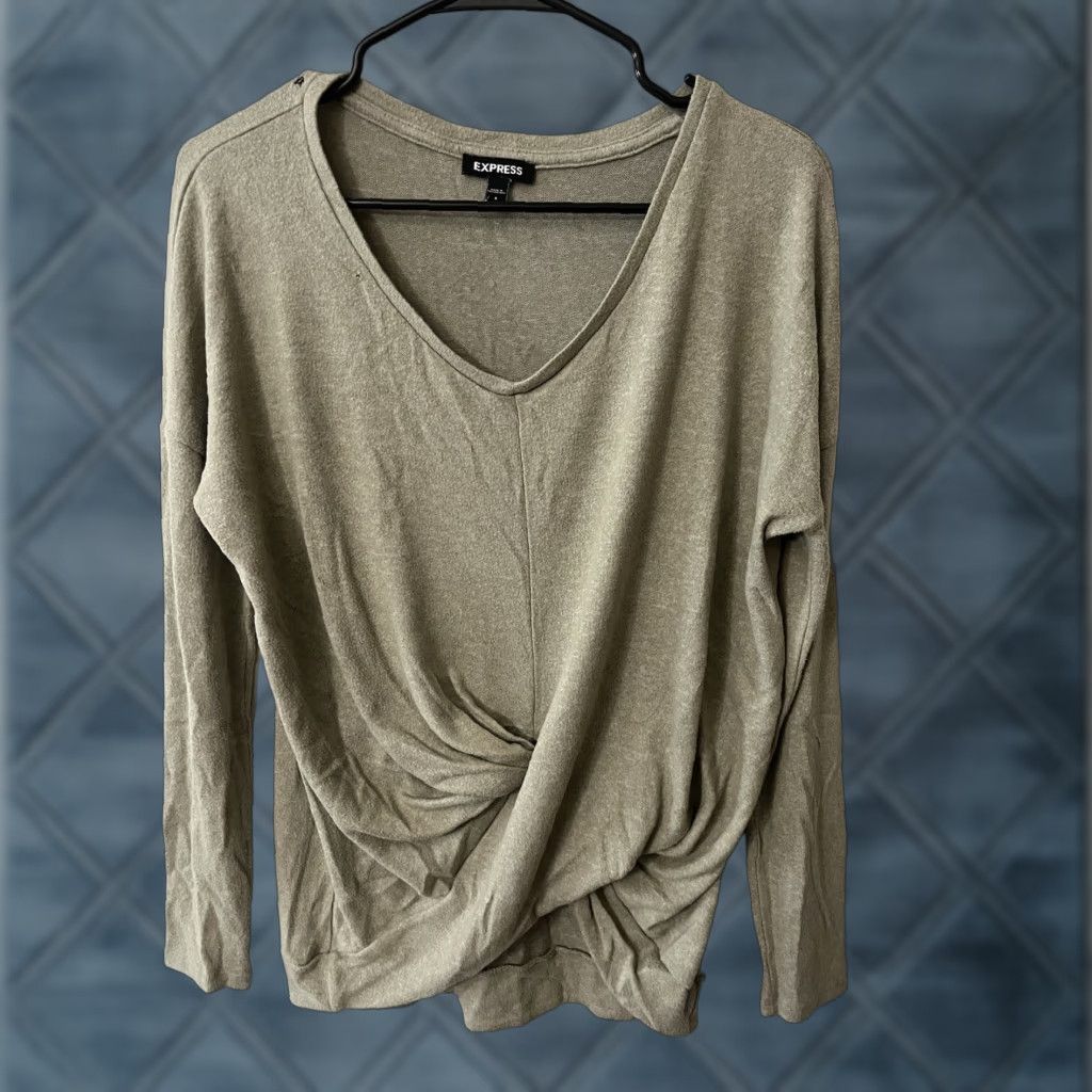 Express Express Sweater Women S Beige Cross Front V-Neck Long Sleeve Pullover, Regular, Knit, Casual, Logo, Nylon Silk Spandex, 90s? No, keep to original. Size S / US 4 / IT 40 - 1 Thumbnail