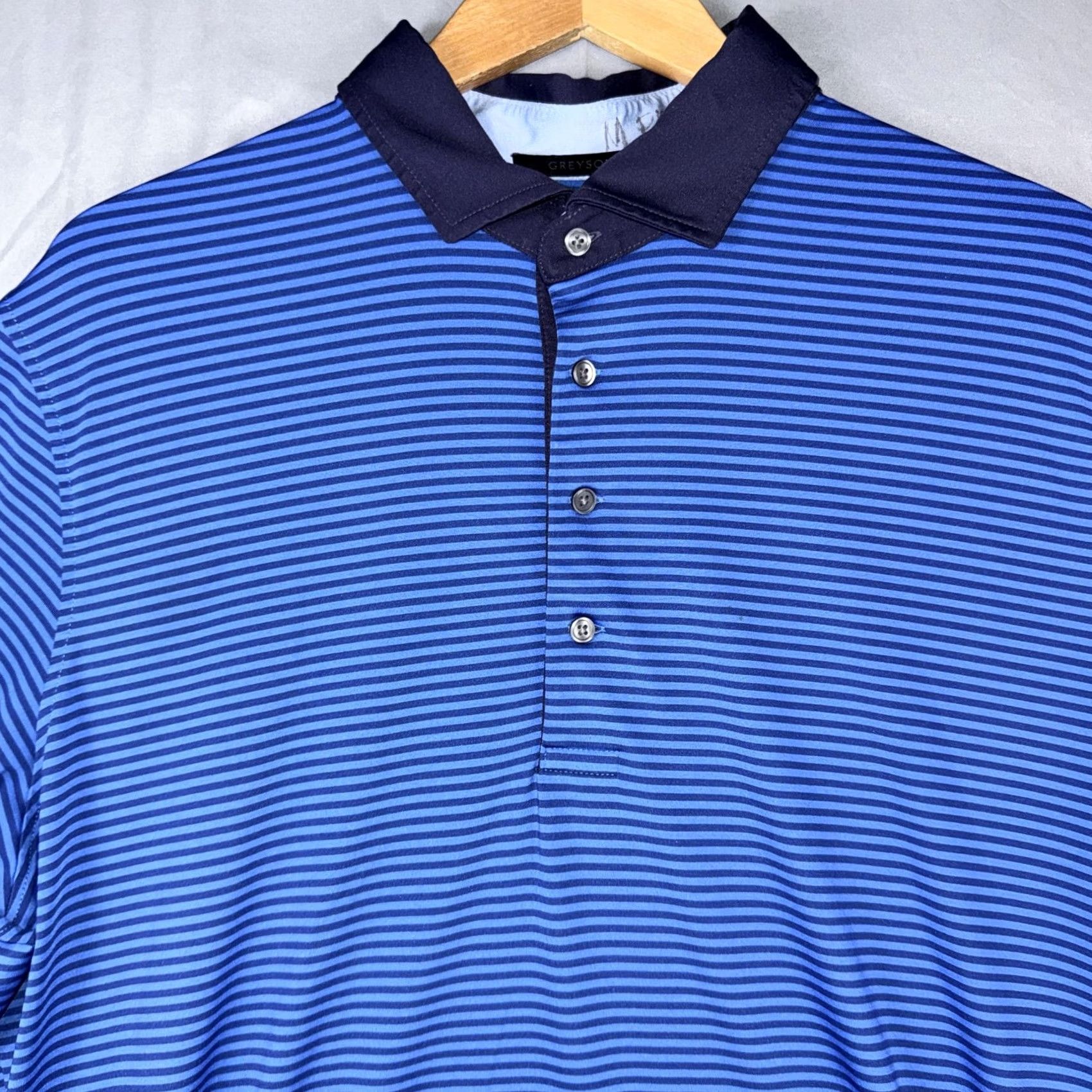 Vintage Greyson Polo Shirt Mens XL Blue Stripe Performance Golf 2019 Team Logo Shirt Mens XL Blue Stripe Polo Size US XL / EU 56 / 4 - 4 Thumbnail