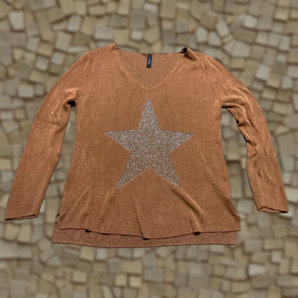 Vintage Venti6 Shirt Women's S/M Brown Gold Star Long Sleeve V-neck T-Shirt Casual Fall Spring Summer Size S / US 4 / IT 40 - 1 Thumbnail