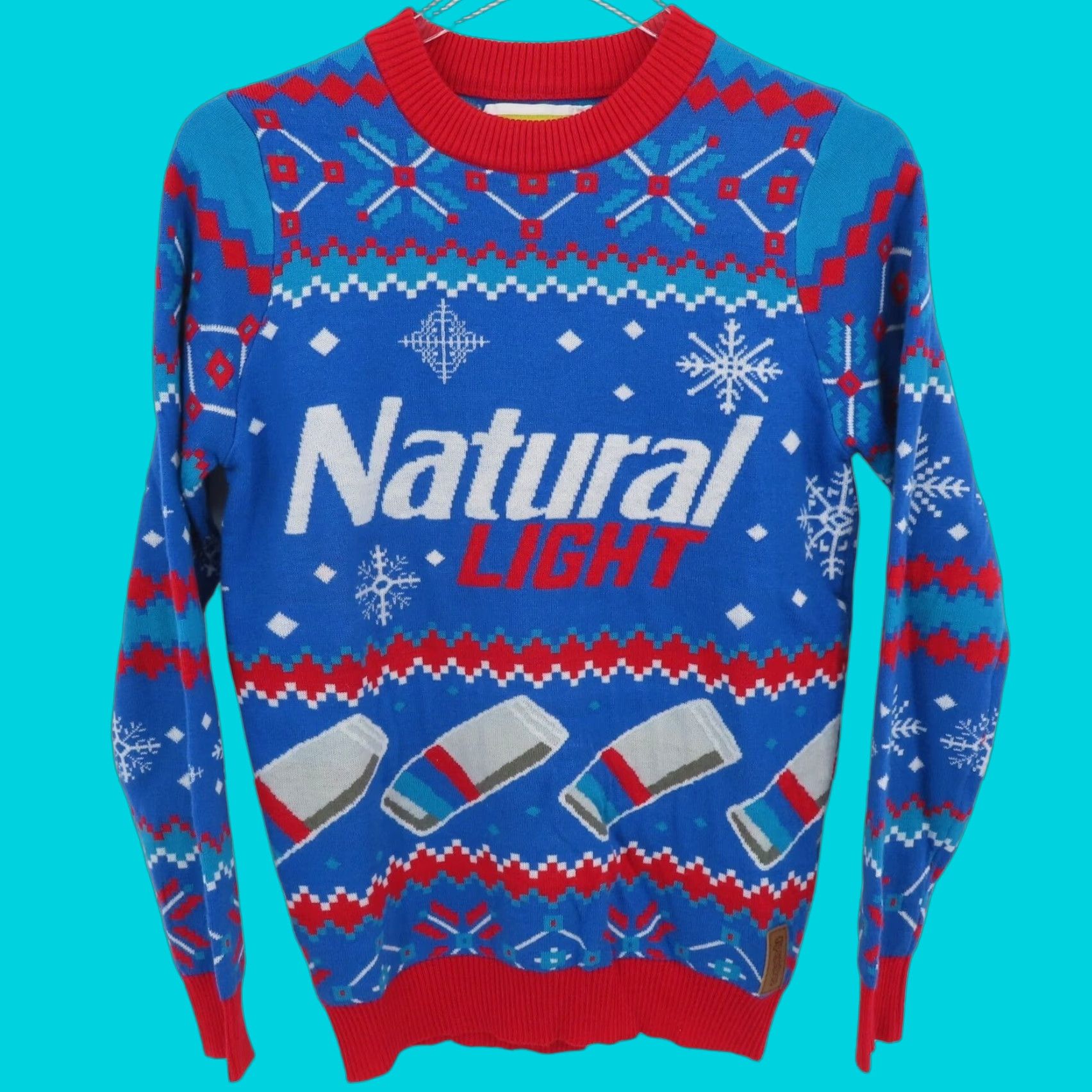 Vintage Tipsy Elves Natural Light Womens Small Natty Beer Crew Neck Christmas Sweater Shirt Ladies Pullover Knit Xmas Holiday Blue Size S / US 4 / IT 40 - 1 Thumbnail