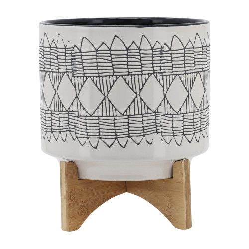 Designer × Homemade CERAMIC 10" AZTEC PLANTER ON WOODEN STAND, GRAY Size US L / EU 52-54 / 3 - 2 Thumbnail