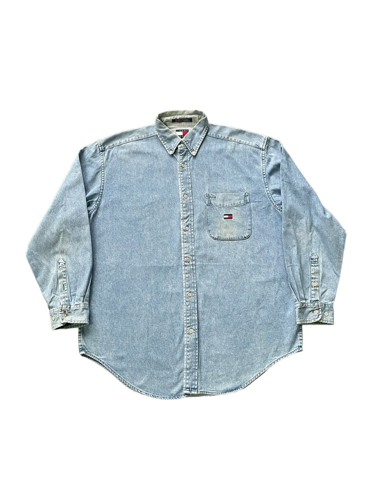 image of Vintage Tommy Jeans Denim Shirt in Blue, Men's (Size XL)