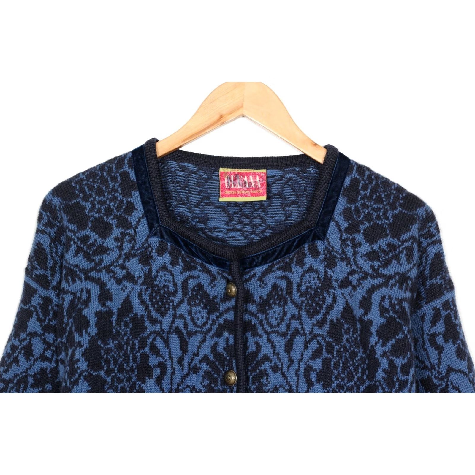 Vintage OLEANA Cardigan Jumper Women M Blue Wool Vintage Norway Nordic Floral Crew Neck Long Sleeve Knitted Wool VR1447 Size M / US 6-8 / IT 42-44 - 2 Thumbnail