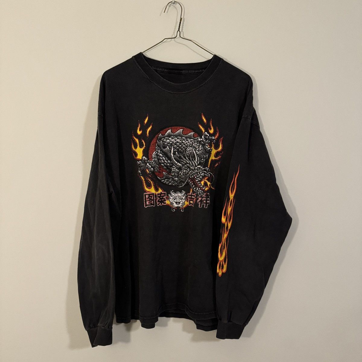 Image of Y2K Faded Dragon Flame Longsleeve Shirt Jnco Style in Black, Men's (Size XL)