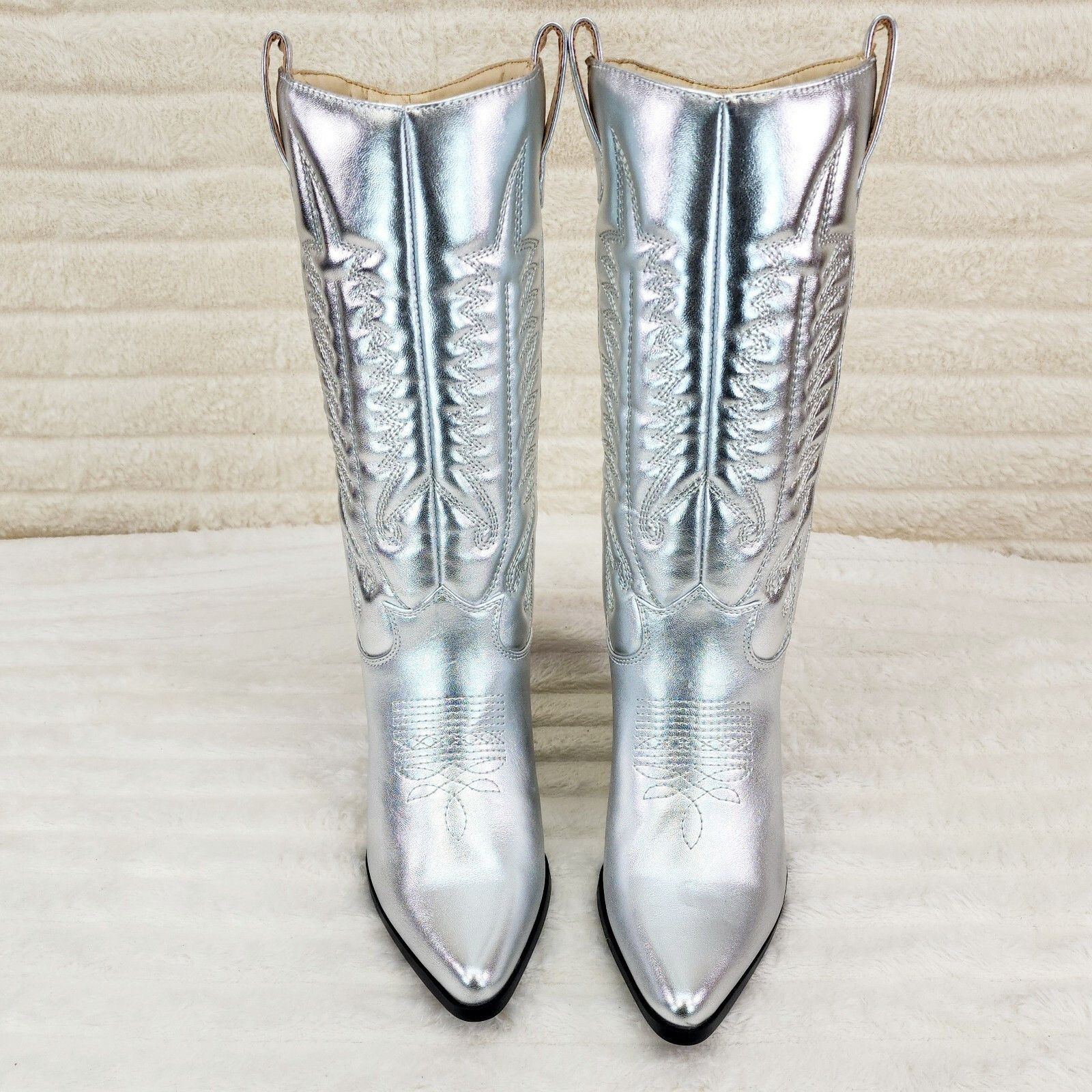 Other Disco Cowgirl Metallic Silver Cowboy Knee Boots Western Bloc Size US 7.5 / IT 37.5 - 4 Thumbnail