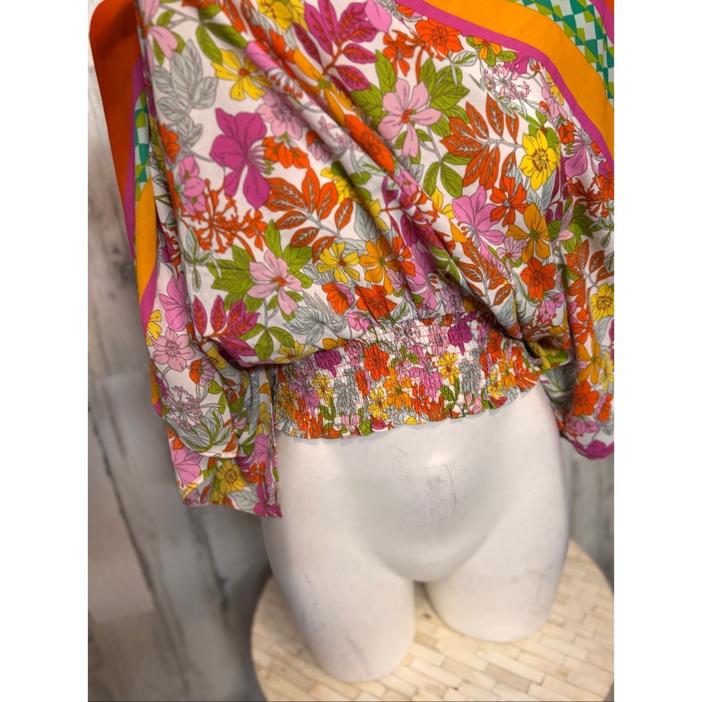 Other Floral & Ivy Bright Retro Floral Top | Orange Multicolor Balloon Sleeve Blouse – Size Large Size L / US 10 / IT 46 - 5 Thumbnail