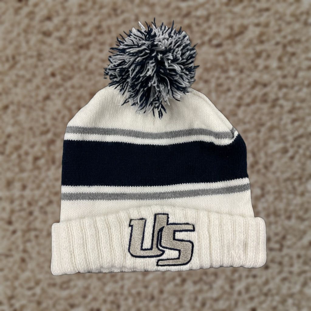 Vintage Utah State Style Hat Adult OS White Blue Beanie Toque Knit Acrylic Made USA Pom Size ONE SIZE - 1 Thumbnail